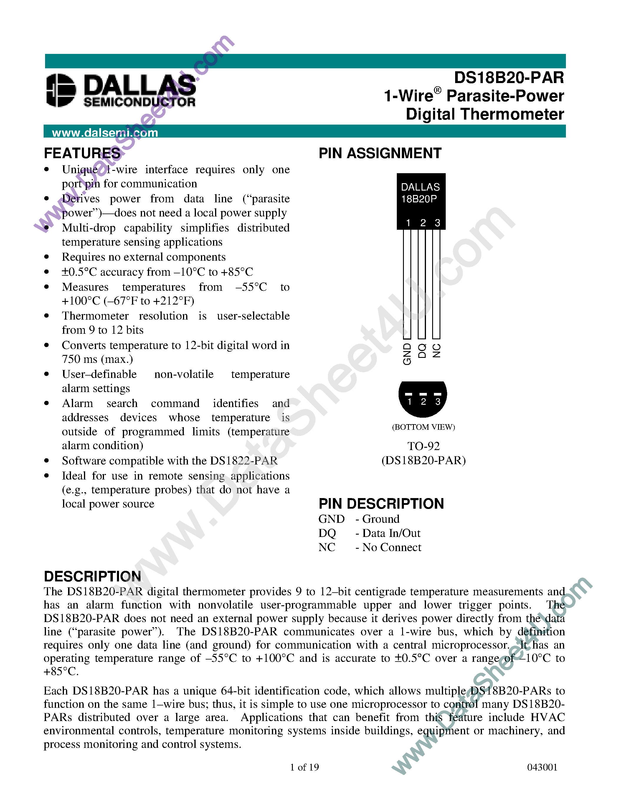 Datasheet DS18B20-PAR - 1-Wire Parasite-Power Digital Thermometer page 1