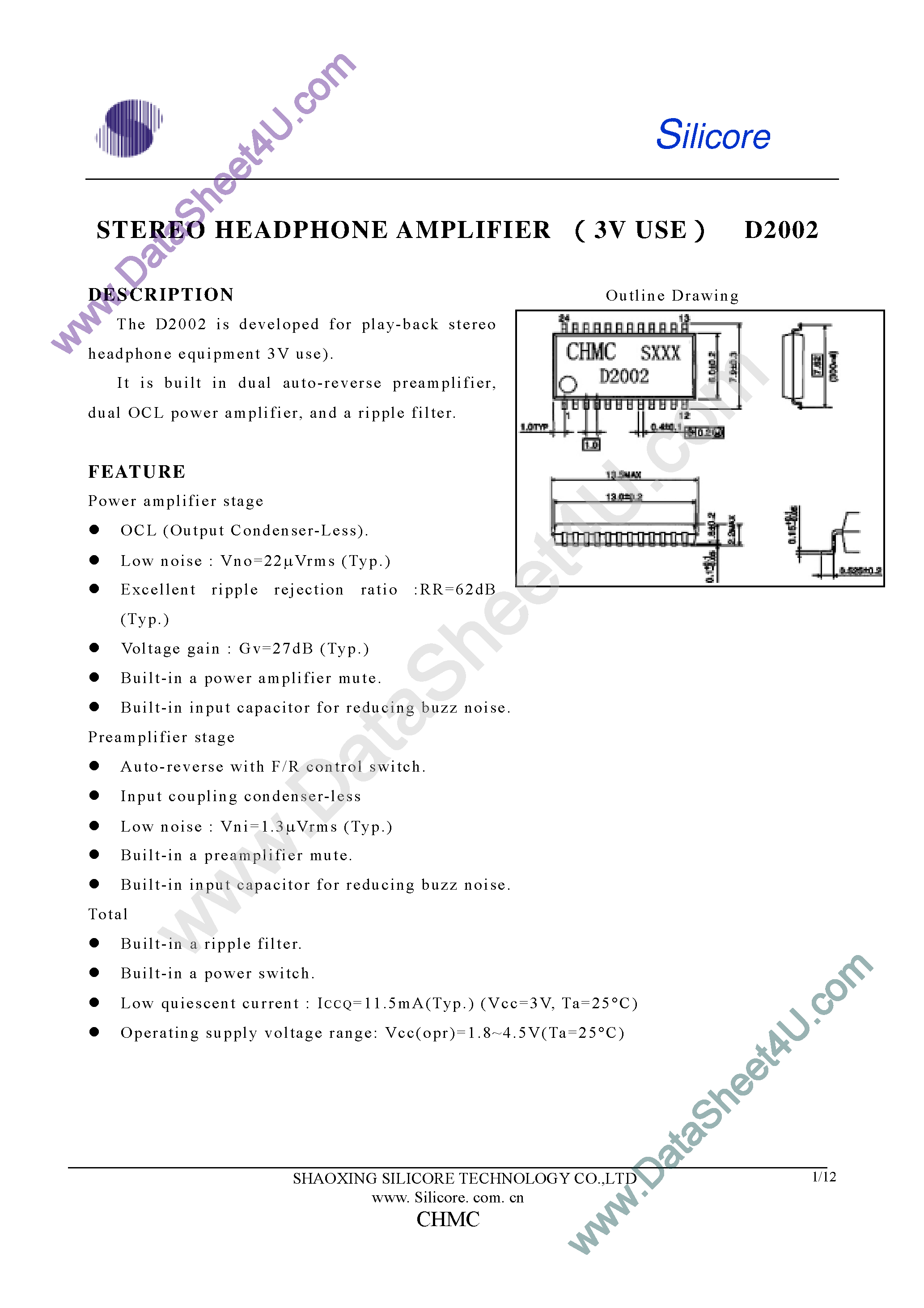 Даташит D2002- - Stereo Headphone Amplifier страница 1