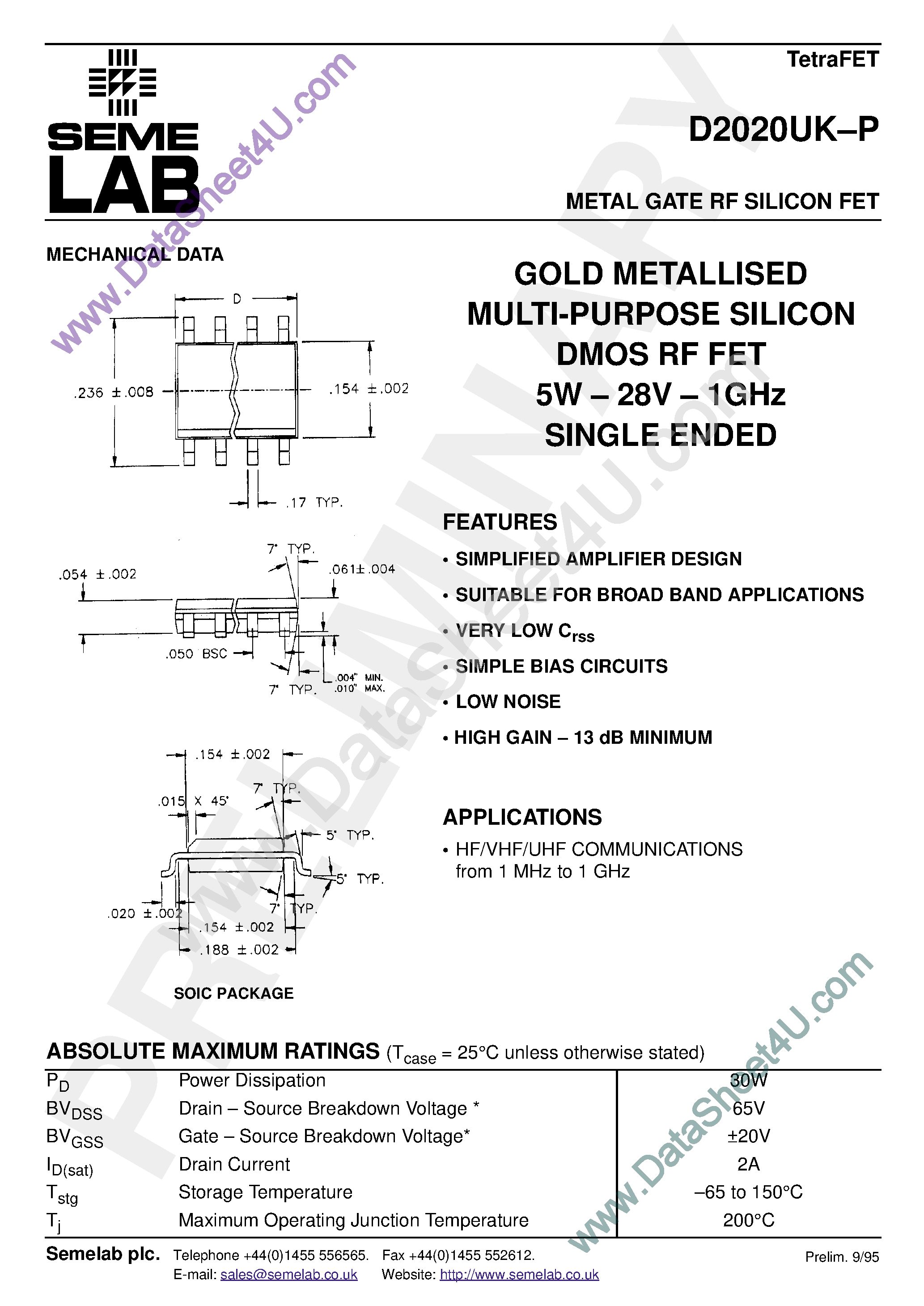 Даташит D2020UK-P - METAL GATE RF SILICON FET страница 1
