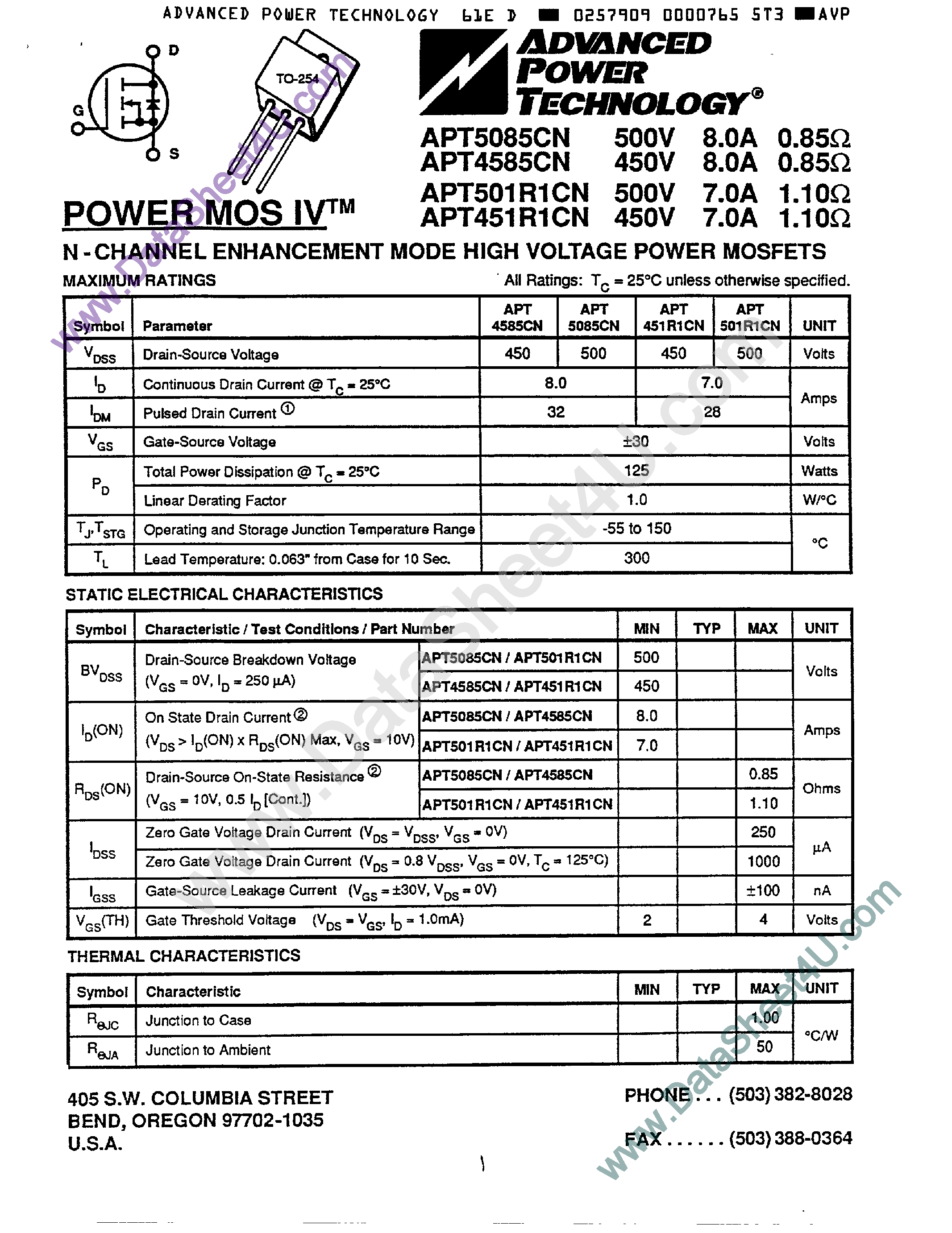 Datasheet APT451R1CN - (APT5085CN / APT4585CN / APT501R1CN / APT451R1CN) N-Channel Enhancement Mode High Voltage Power MOSFET page 1