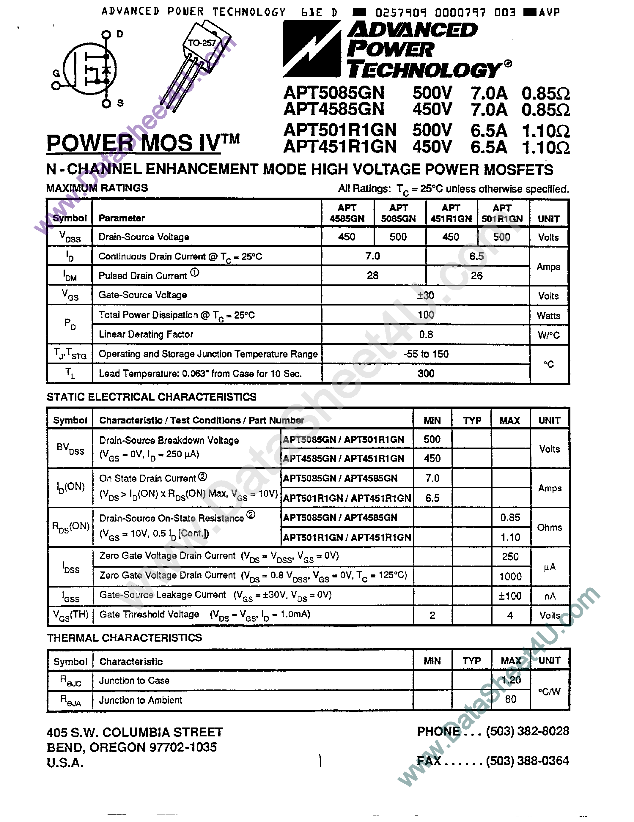 Datasheet APT451R1GN - (APT5085GN / APT4585GN / APT501R1GN / APT451R1GN) N-Channel Enhancement Mode High Voltage Power MOSFET page 1