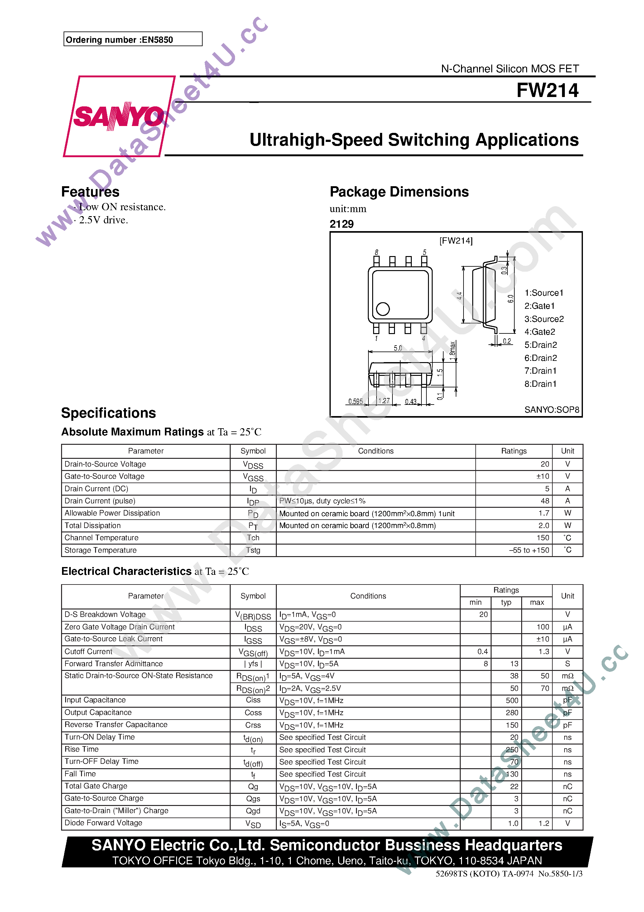 Даташит на микросхему FW214 страница 1 Даташит FW214 - Ultrahigh-Speed Switching Applications страница 1