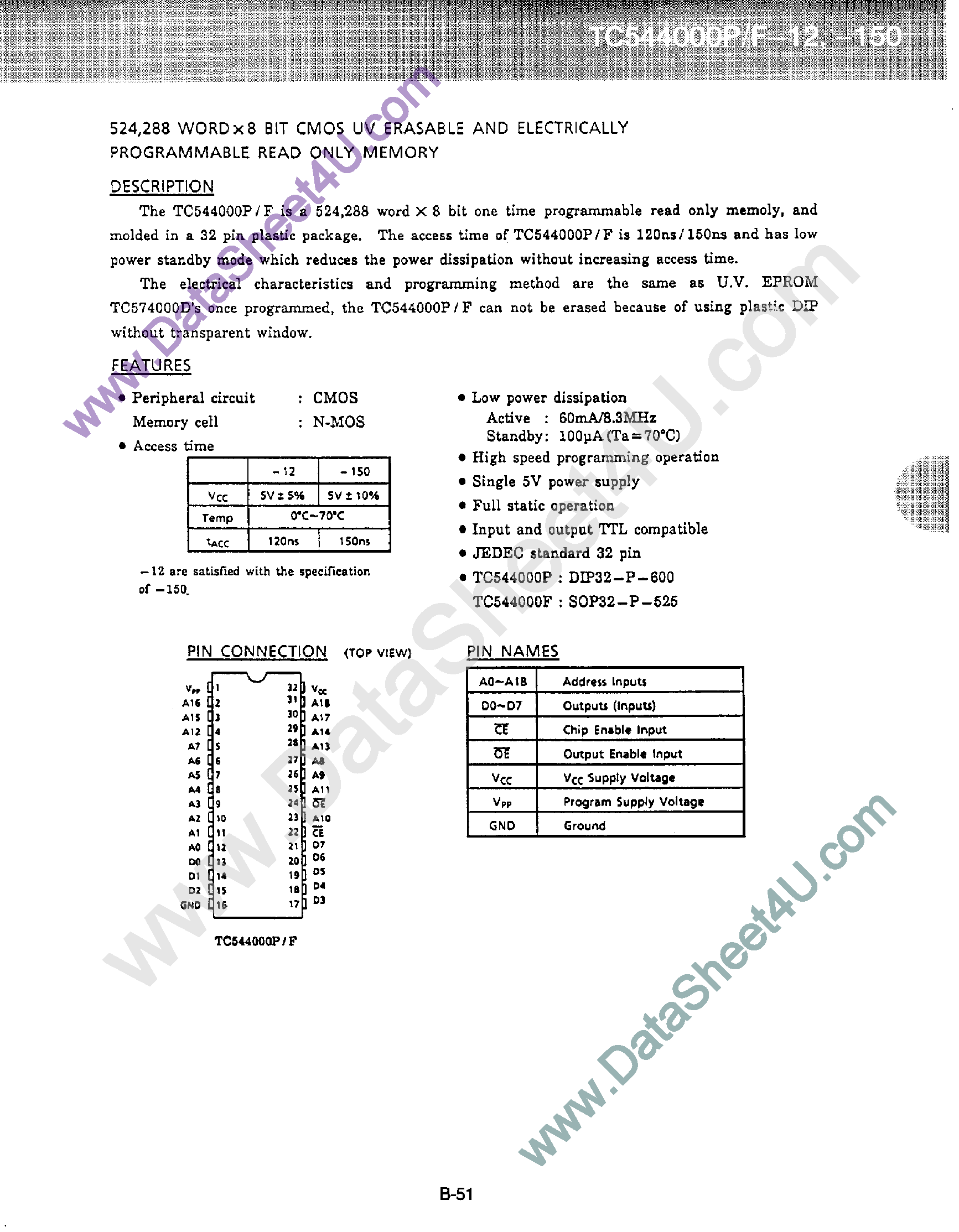 Даташит TC544000 - CMOS UV Erasable and Electrically Programmable ROM страница 1