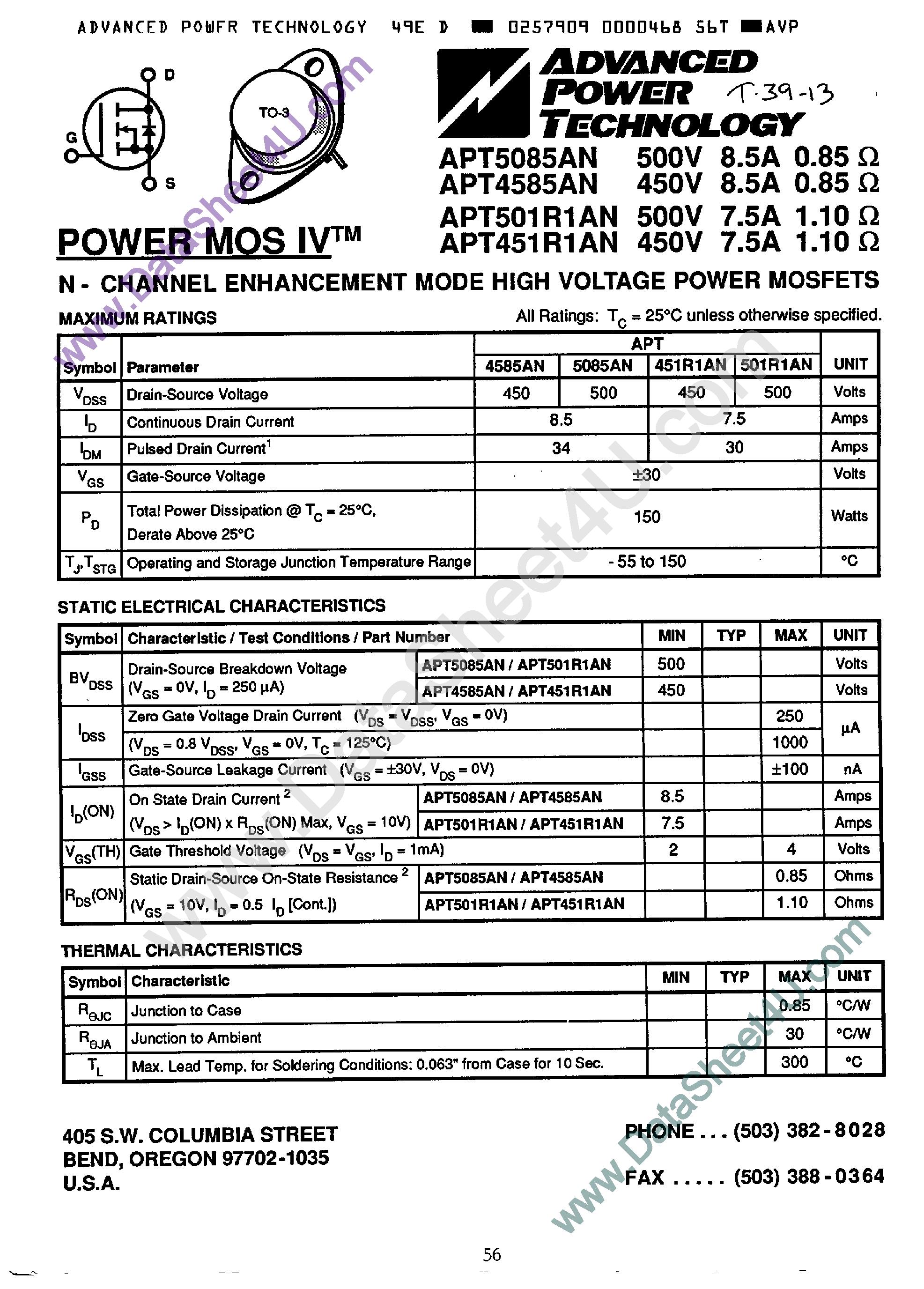 Datasheet APT451R1AN - (APT5085AN / APT4585AN / APT501R1AN / APT451R1AN) N-Channel Enhancement Mode High Voltage Power MOSFET page 1