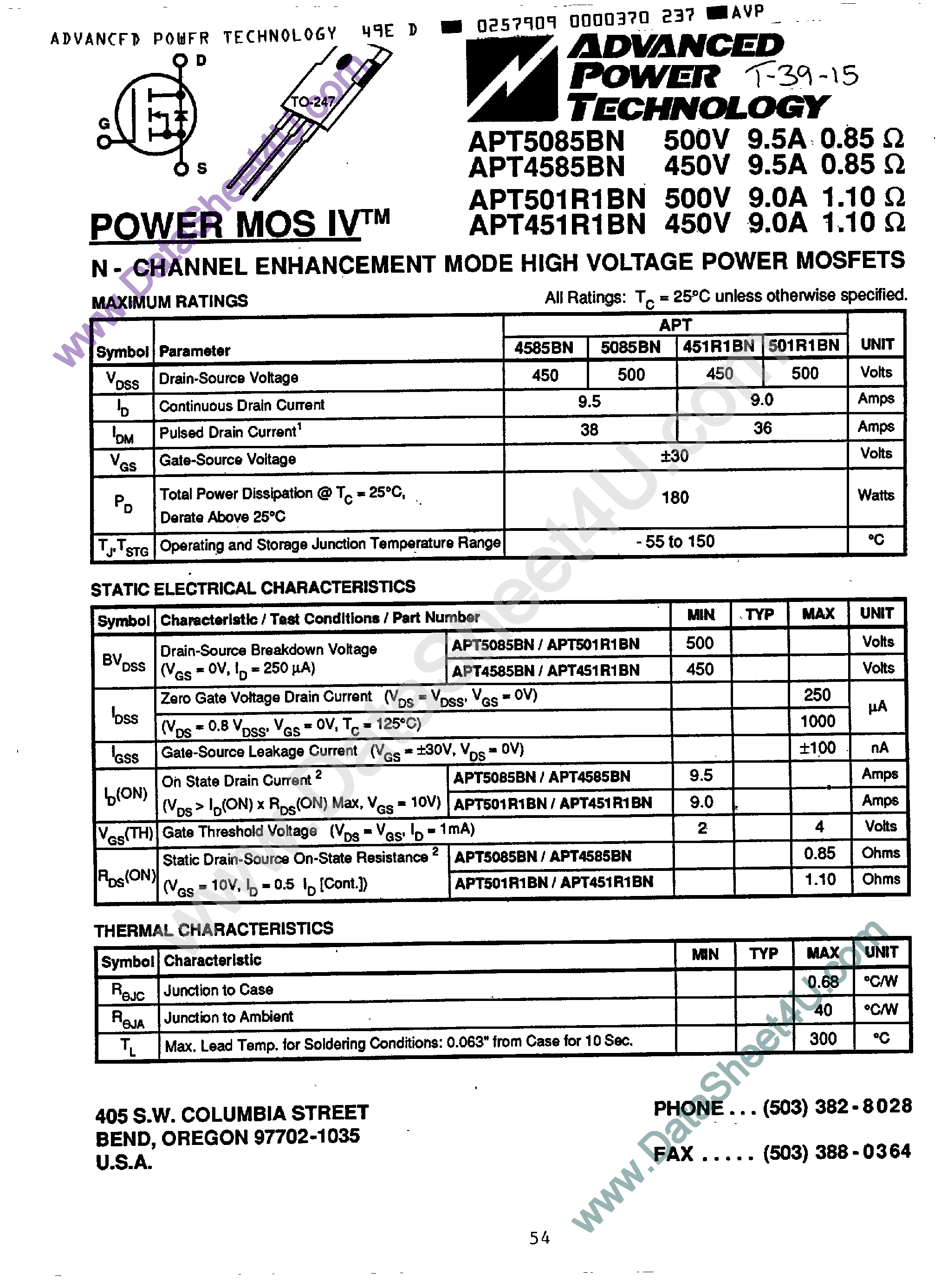 Datasheet APT451R1BN - (APT5085BN / APT4585BN / APT501R1BN / APT451R1BN) N-Channel Enhancement Mode High Voltage Power MOSFET page 1