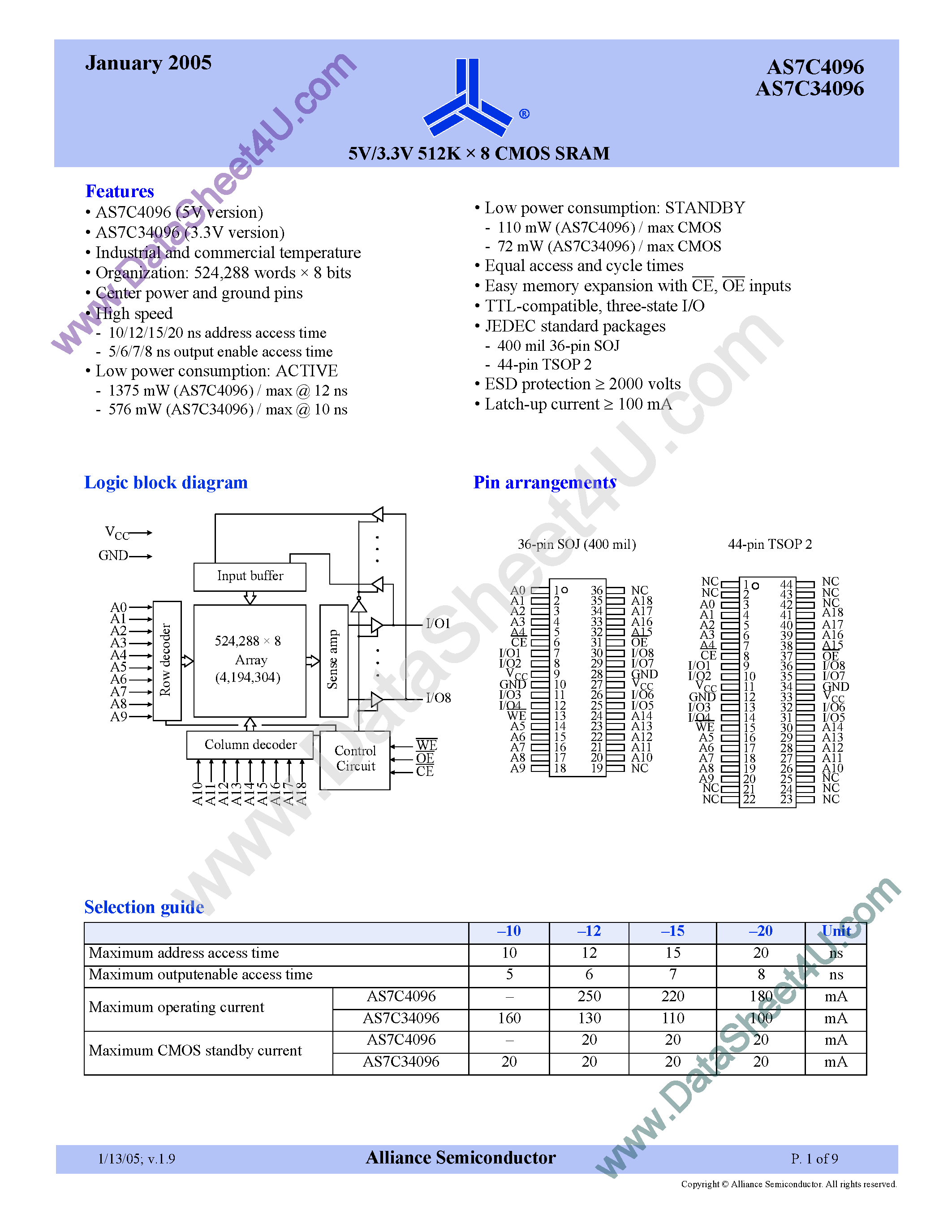 Datasheet AS7C34096 page 1 Datasheet AS7C34096 - (AS7C34096 / AS7C4096) 5V/3.3V 512K X8 CMOS SRAM page 1
