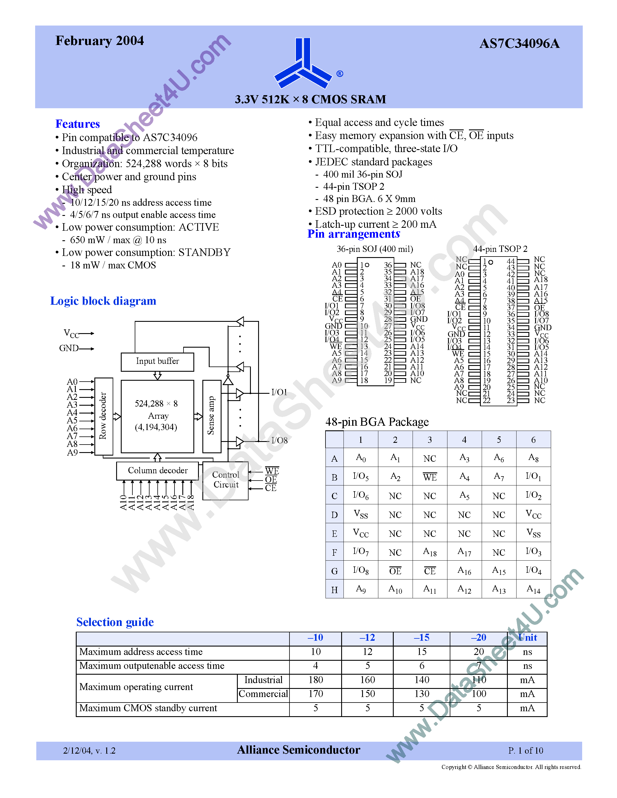 Datasheet AS7C34096A page 1 Datasheet AS7C34096A - 3.3V 512K X8 CMOS SRAM page 1