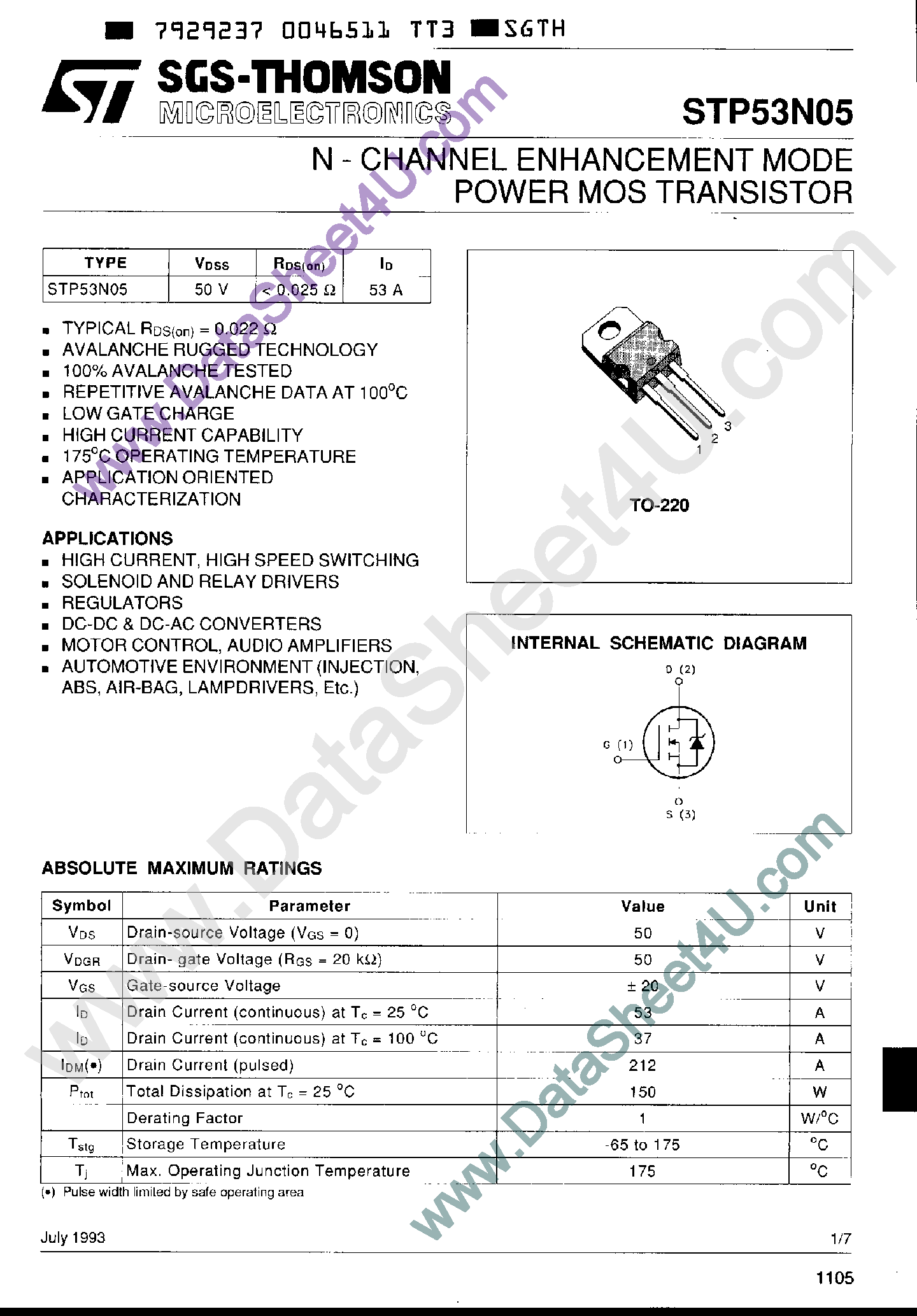 Datasheet STP53N05 page 1 Datasheet STP53N05 - N-Channel Enhancement Mode Power MOS Transistor page 1
