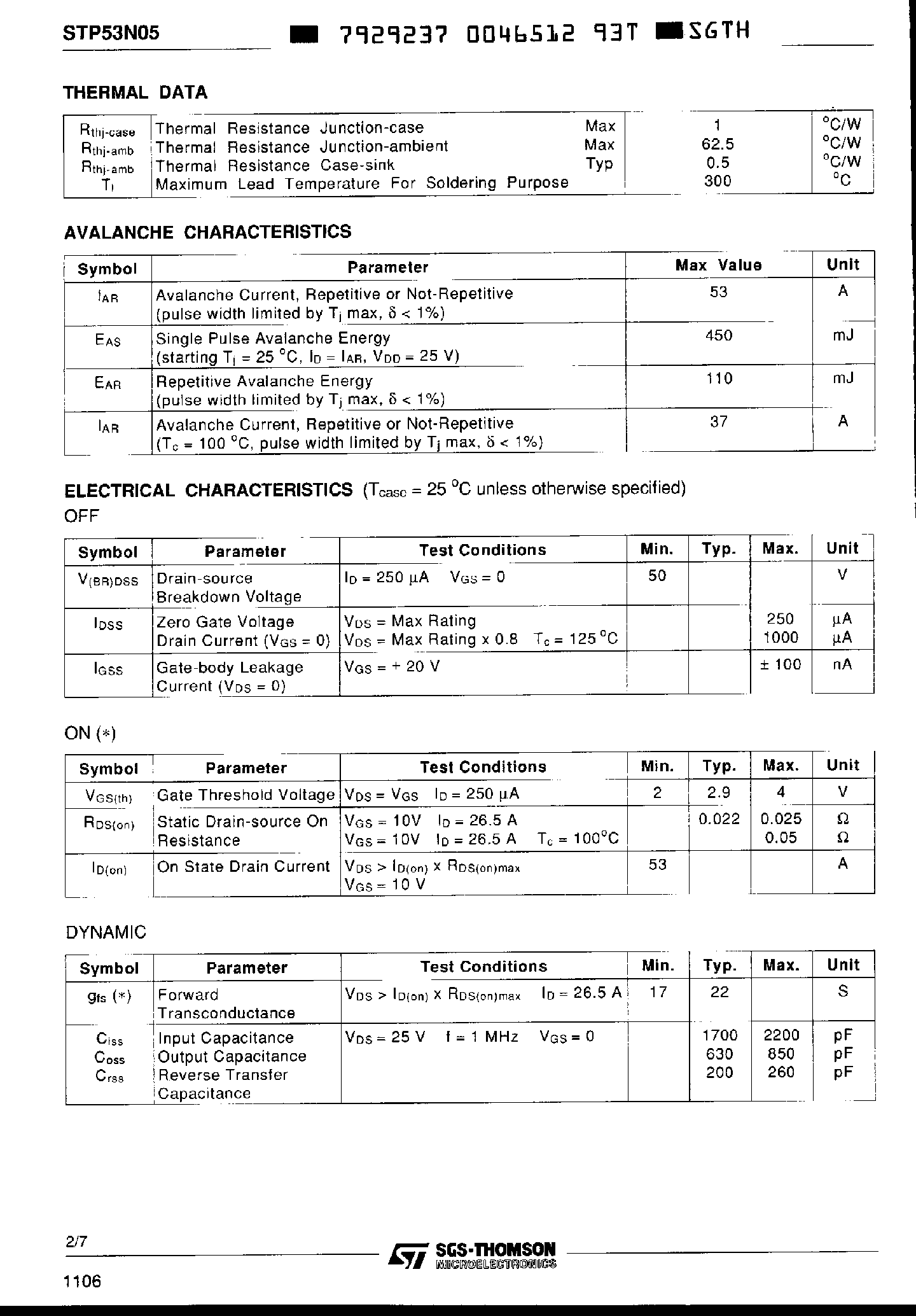 Datasheet STP53N05 page 2 Datasheet STP53N05 - N-Channel Enhancement Mode Power MOS Transistor page 2