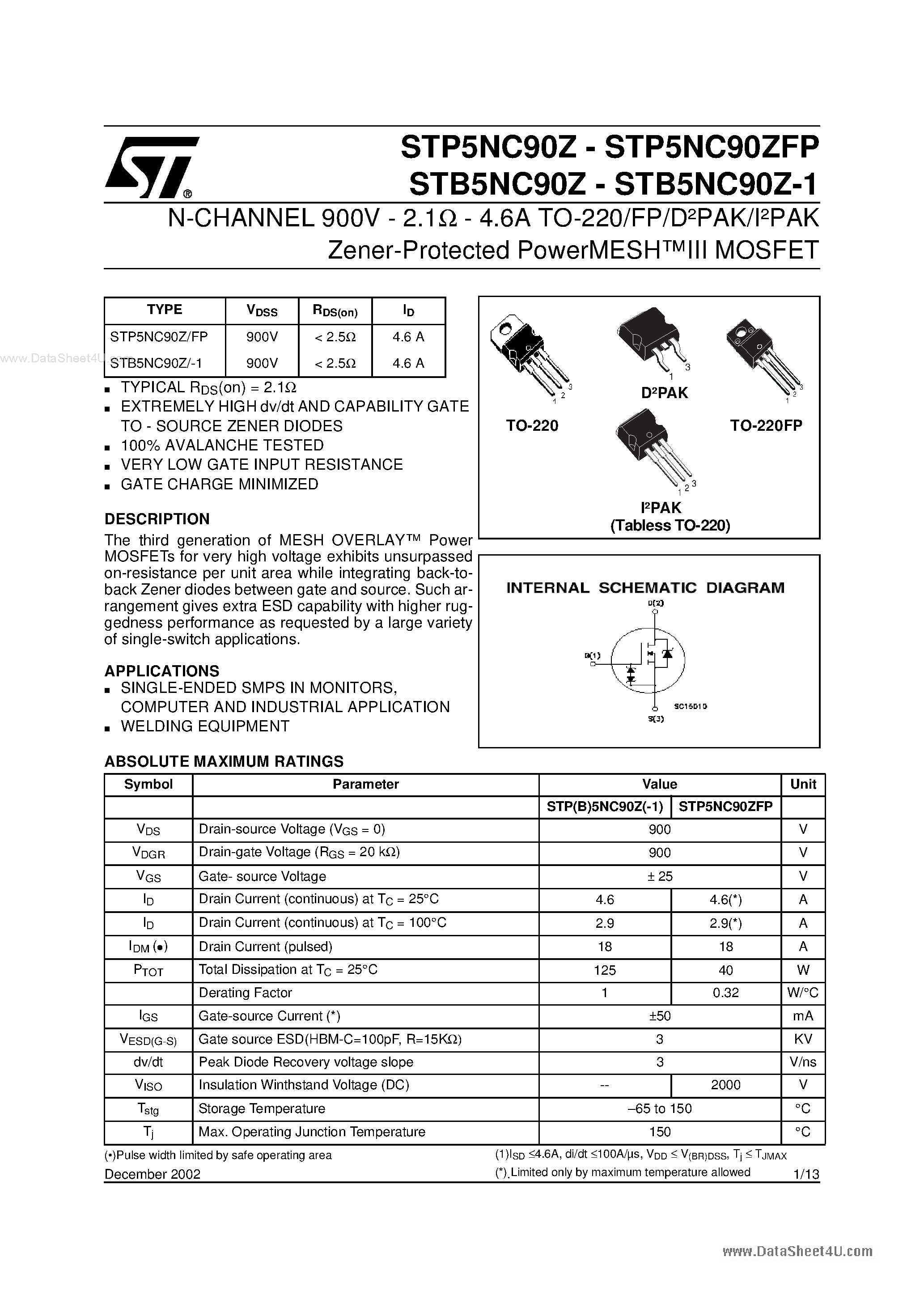 Даташит P5NC90 - Search -----> STP5NC90 страница 1