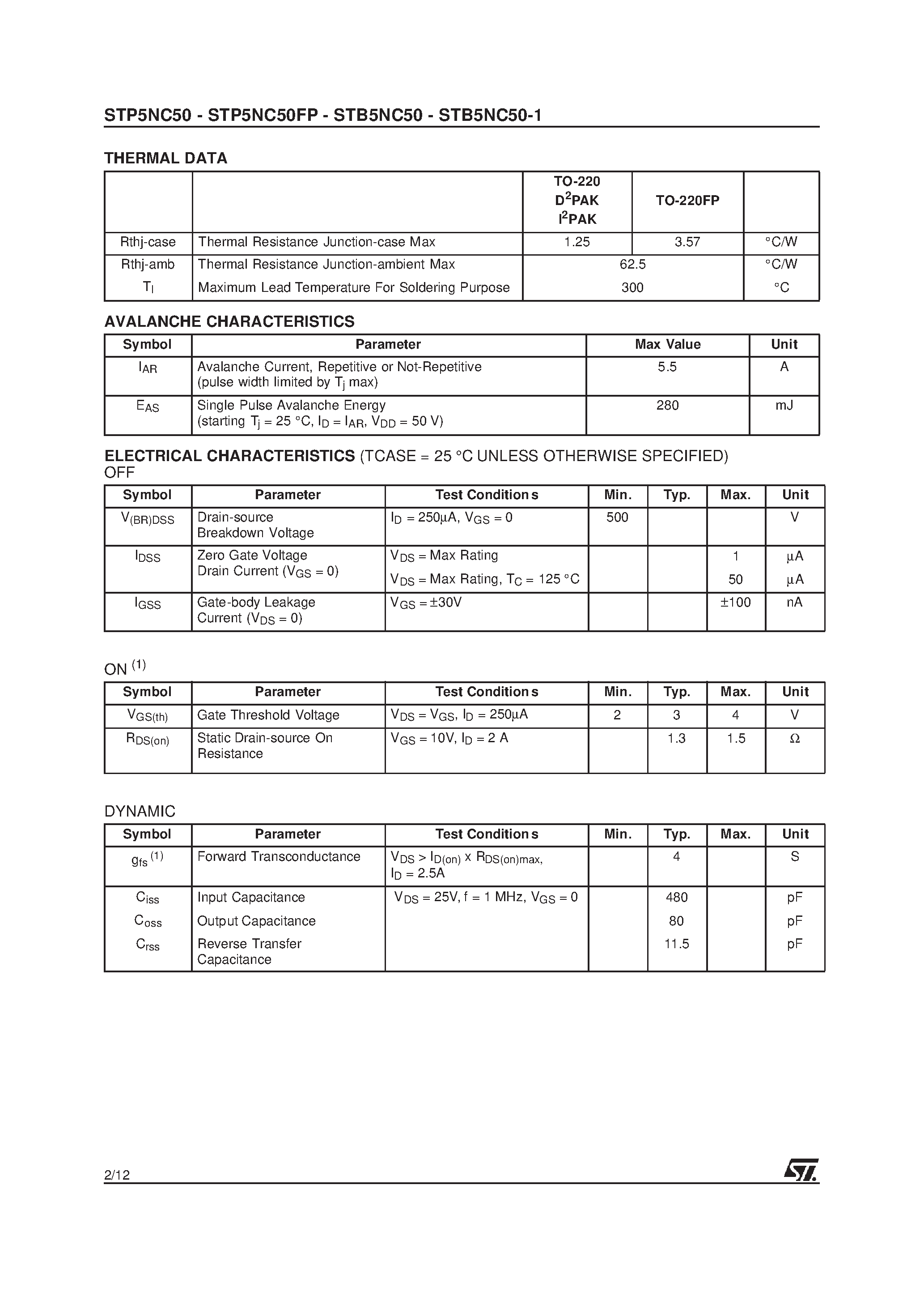 Datasheet STP5NC50 - N-Channel MOSFET page 2