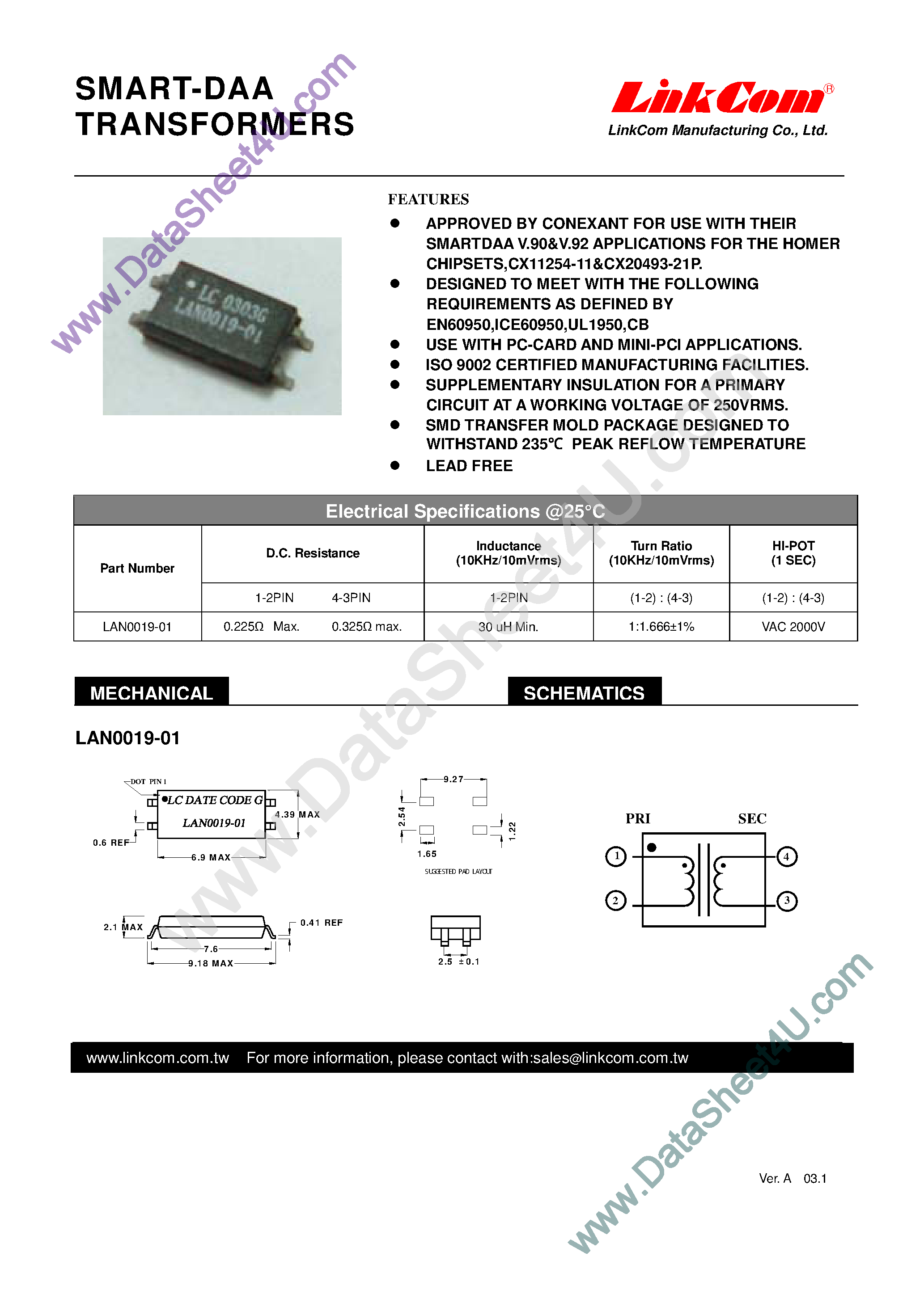 Datasheet LAN0019-01 - SMARTDAA V.90 LOW PROFILE TRANSFORMER page 1