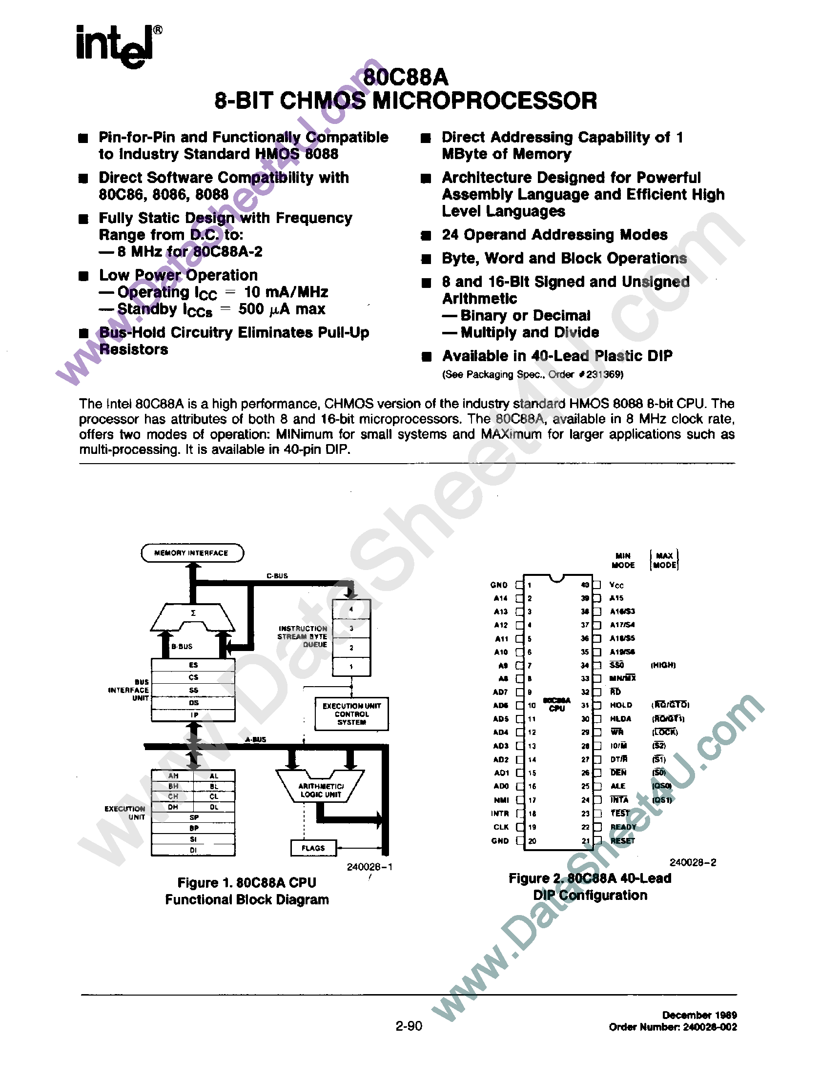 Datasheet P80C88A page 1 Datasheet P80C88A - 8-Bit CHMOS Microprocessor page 1