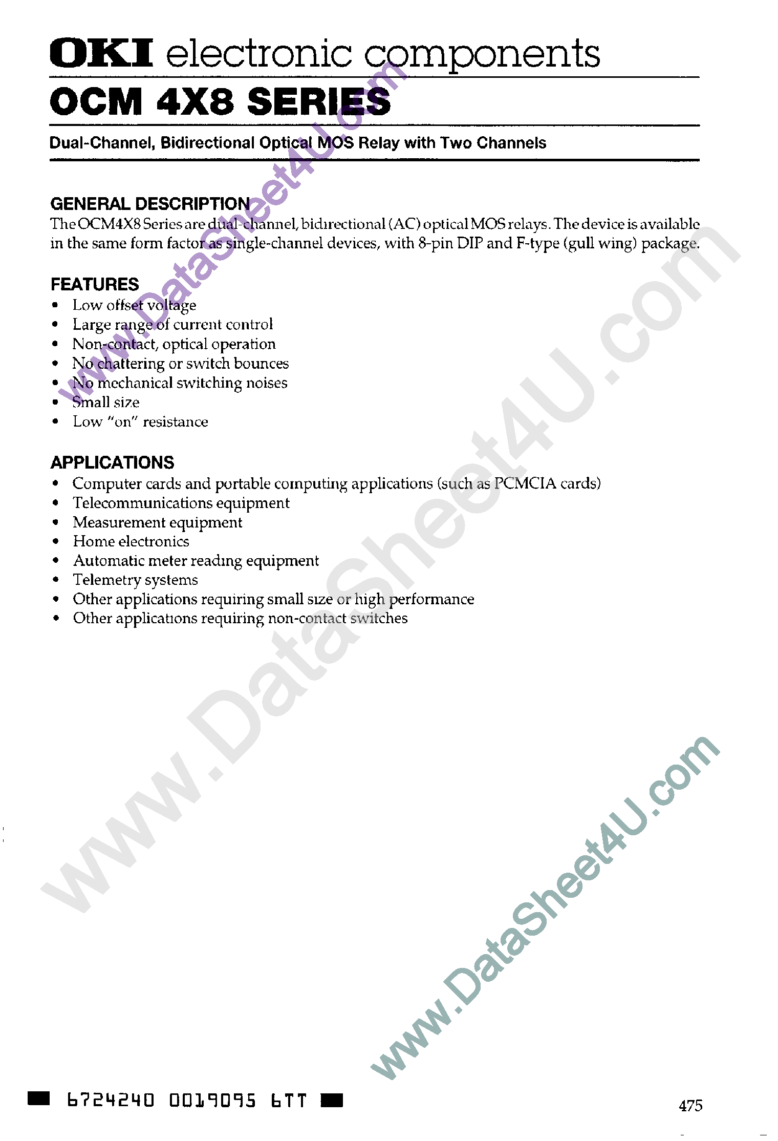 Даташит OCM408 - (OCM4x8) Dual Channel Bidirectional Optical MOS Relay страница 1