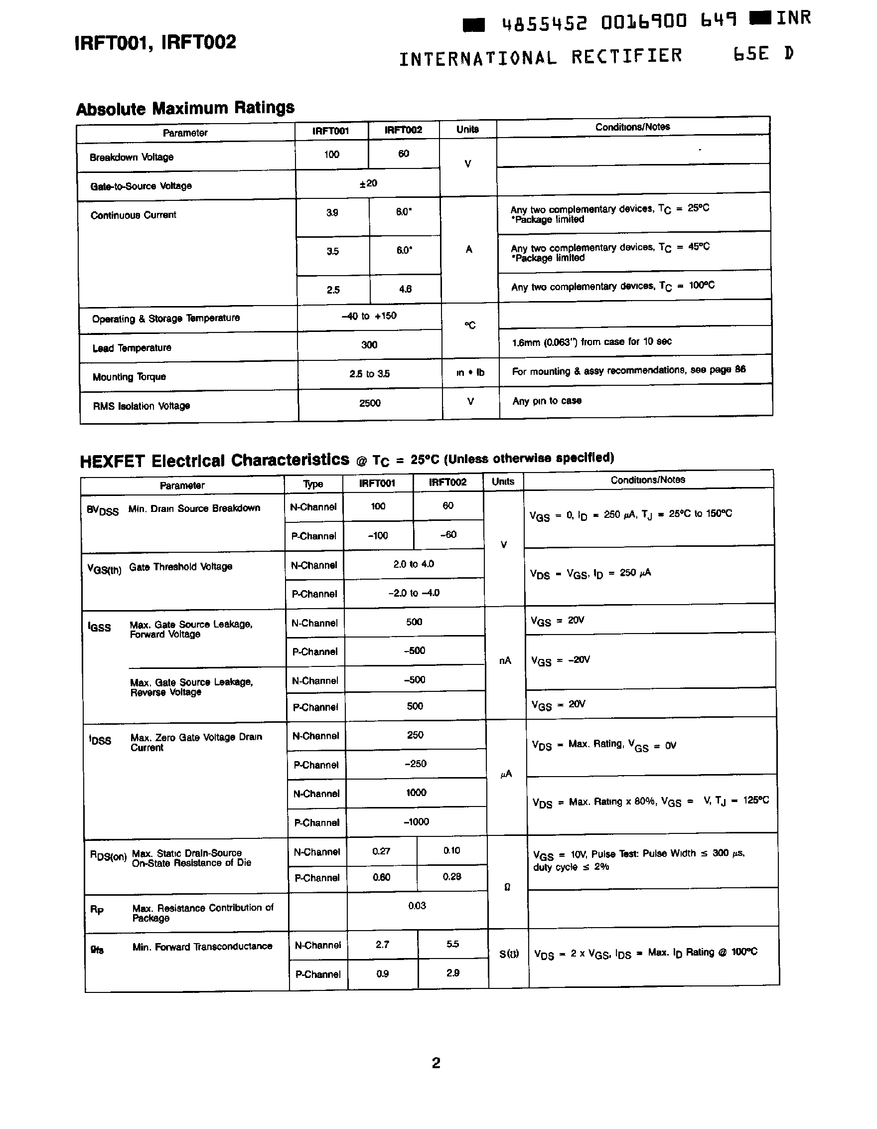 Datasheet IRFT001 - (IRFT001 / IRFT002) HEXFET Power Module page 2