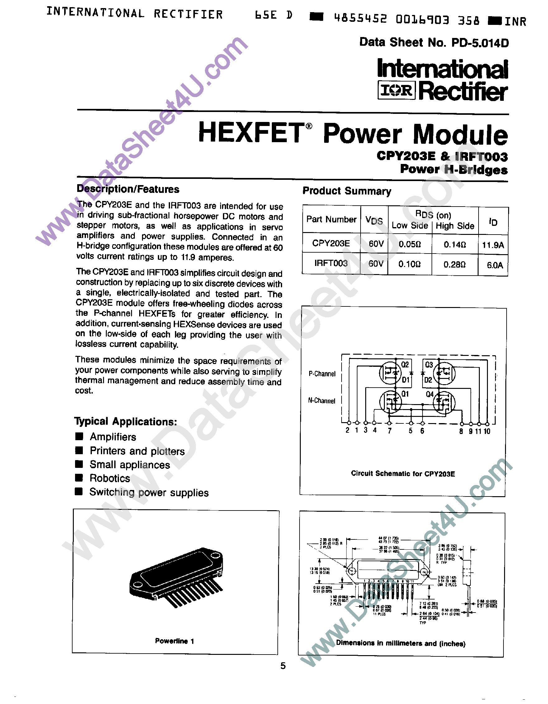Datasheet IRFT003 - HEXFET Power Module page 1