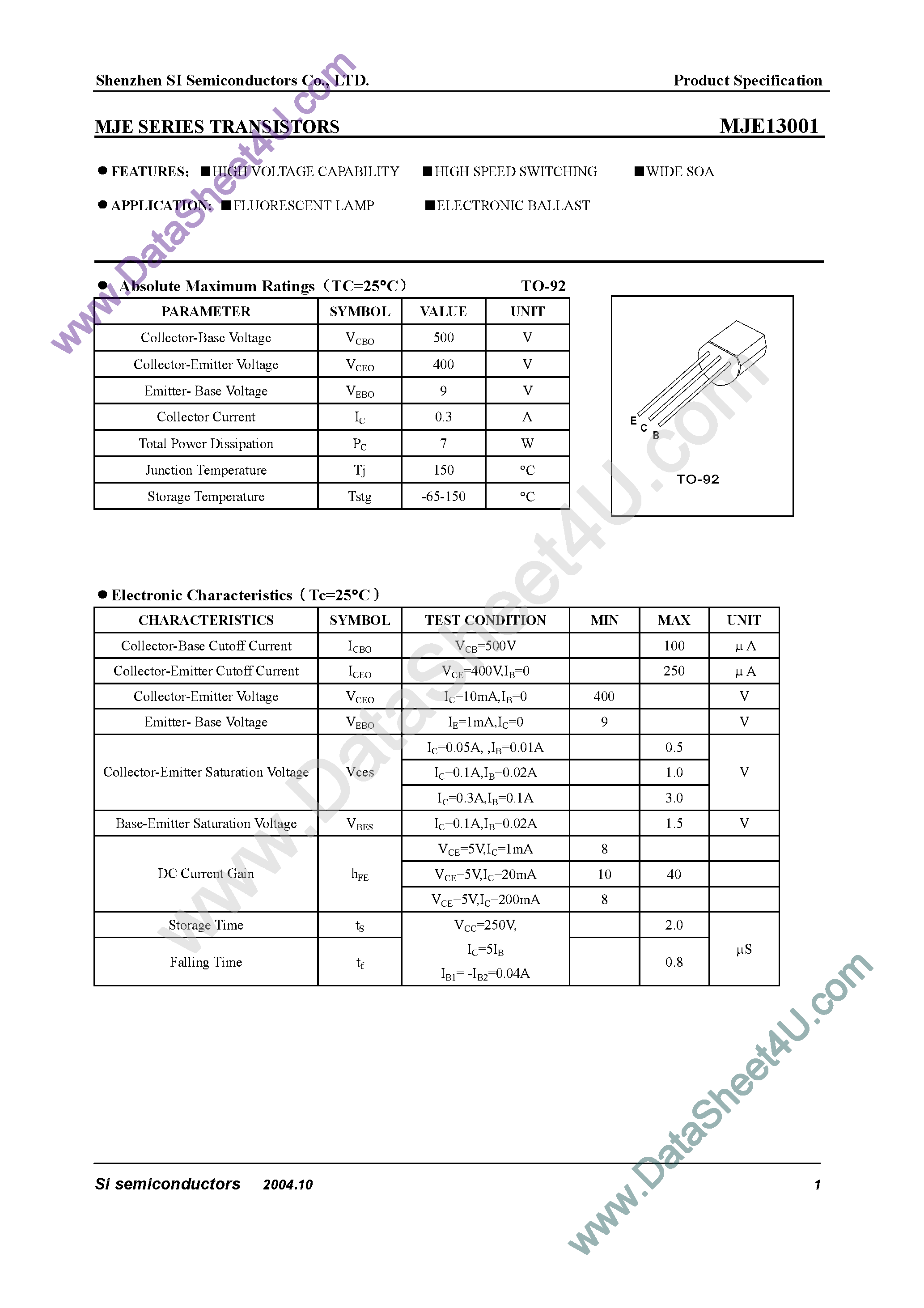 Datasheet MJE13001 page 1 Datasheet MJE13001 - Transistors page 1