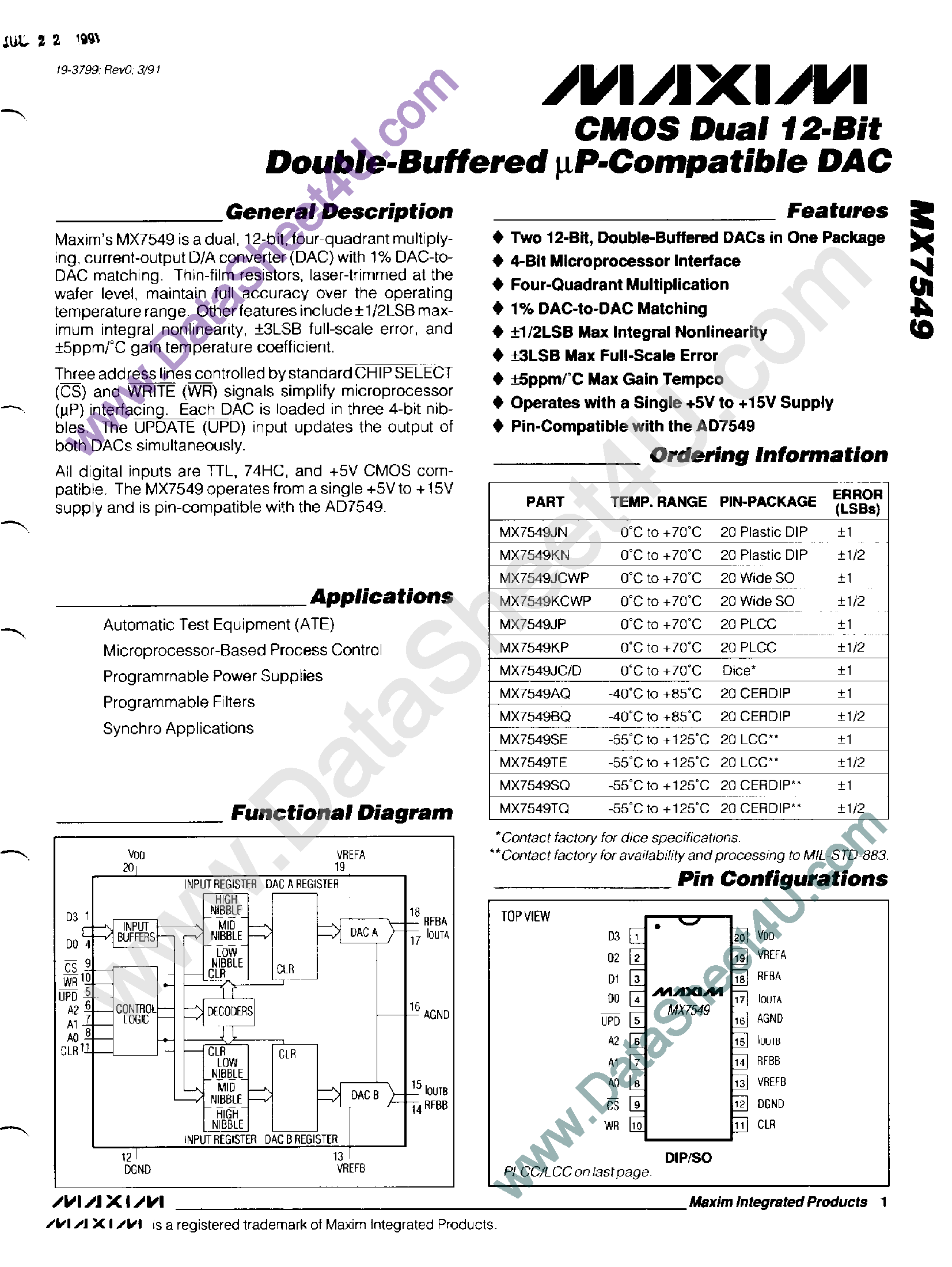 Datasheet MX7549 - CMOS Dual 12-Bit Double Buffered uP-Compatible DAC page 1