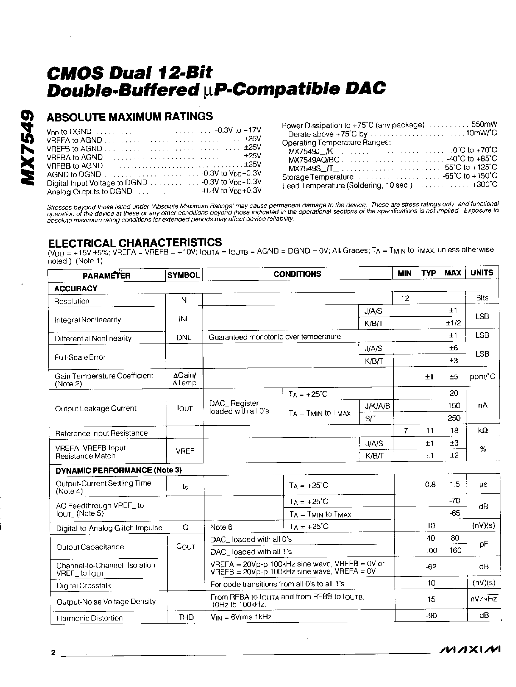 Datasheet MX7549 - CMOS Dual 12-Bit Double Buffered uP-Compatible DAC page 2
