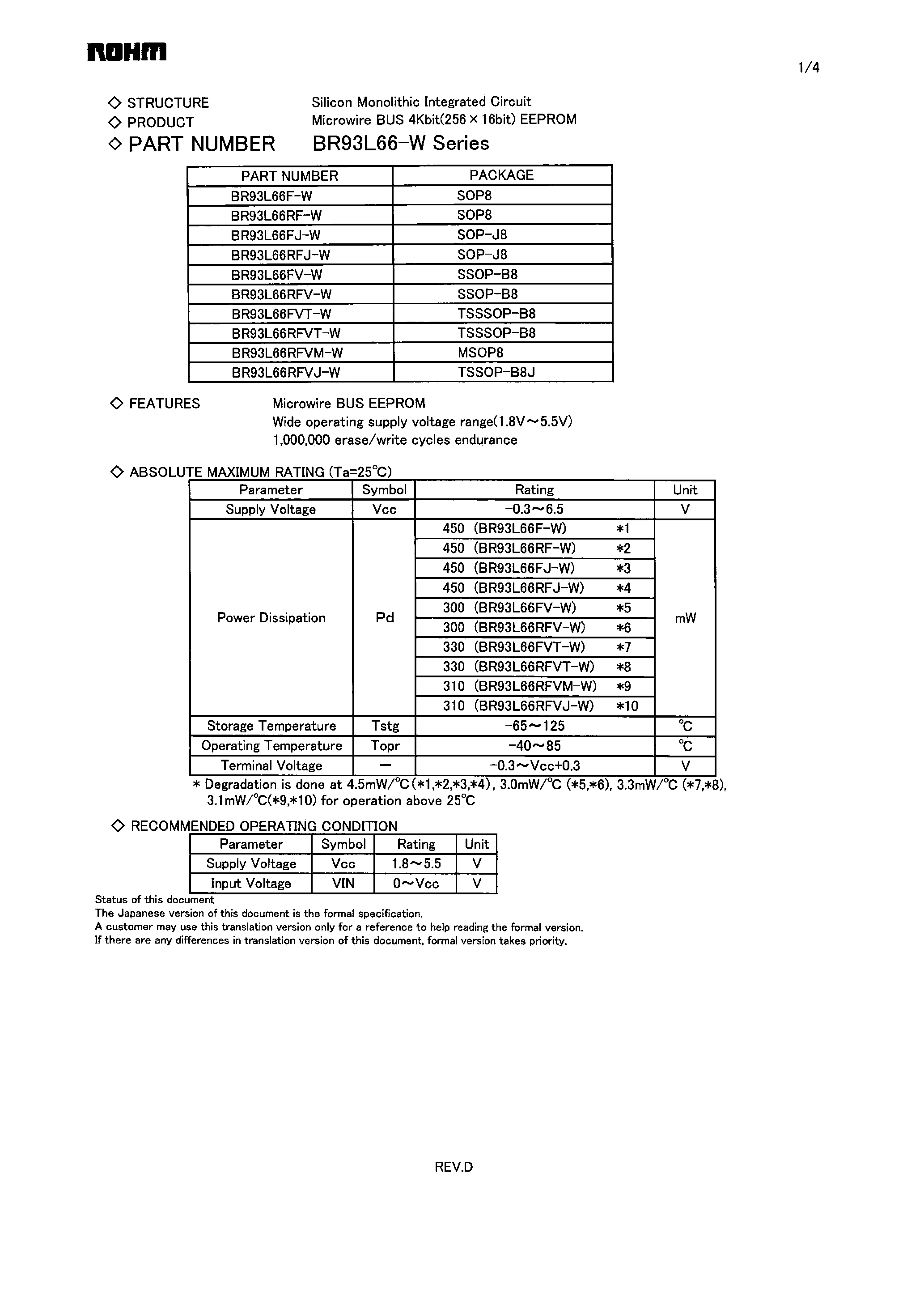 Datasheet BR93L66 page 1 Datasheet BR93L66 - Microwire BUS 4Kbit(256 x 16bit) EEPROM page 1
