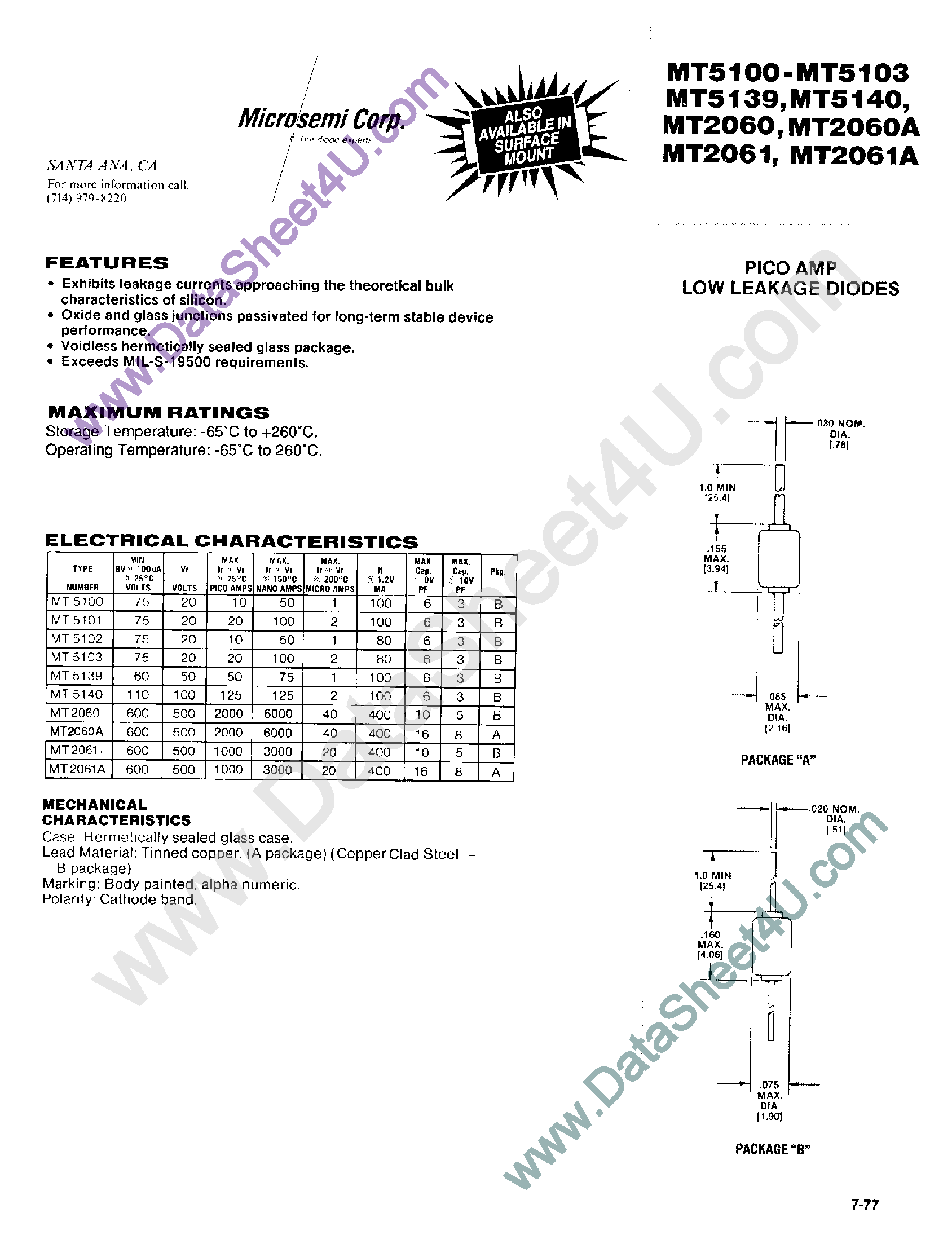 Даташит MT5100 - (MT51xx) PICO AMP LOW LEAKAGE DIODES страница 1