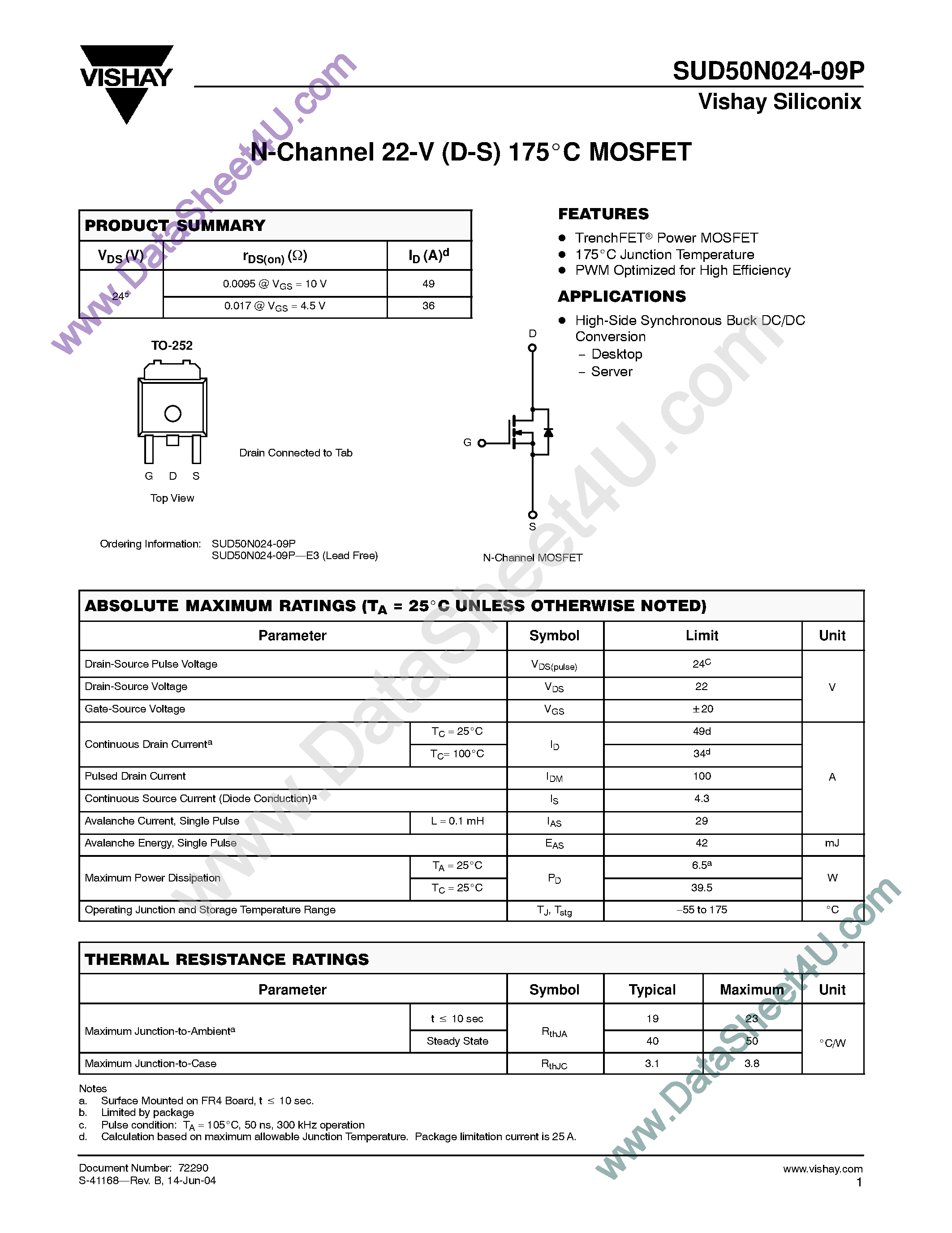 Datasheet SUD50N024-09P - N-Channel 22V MOSFET page 1