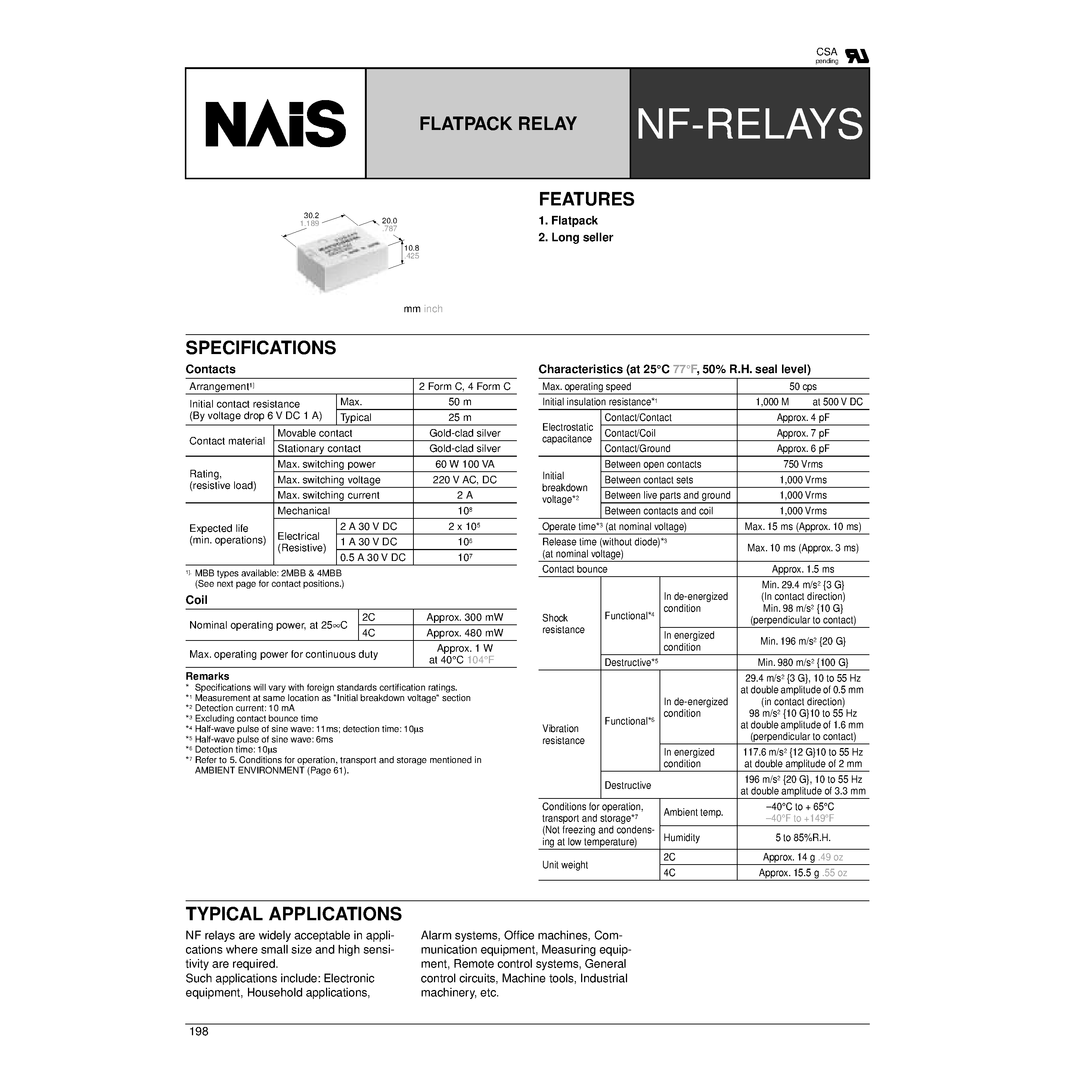 Даташит NF4EB-12V - (NF Relays) Flatpack Relay страница 1