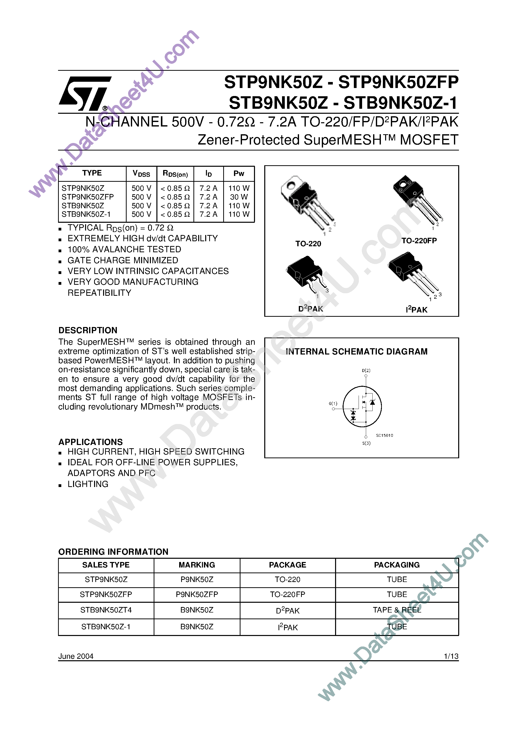 Datasheet STB9NK50Z - N-Channel Enhancement Mode MOSFET page 1