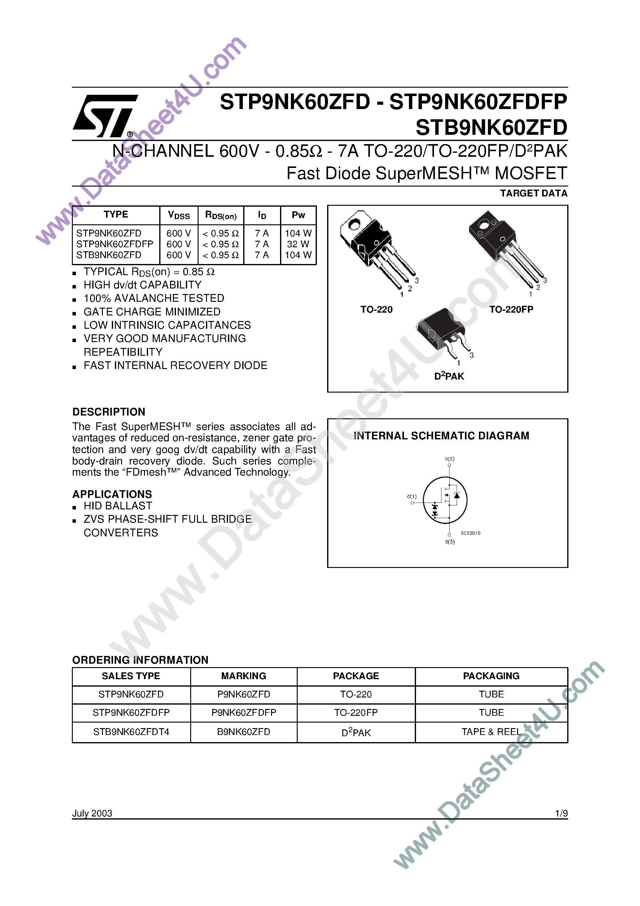 Datasheet STB9NK60ZFD - N-Channel Enhancement Mode MOSFET page 1