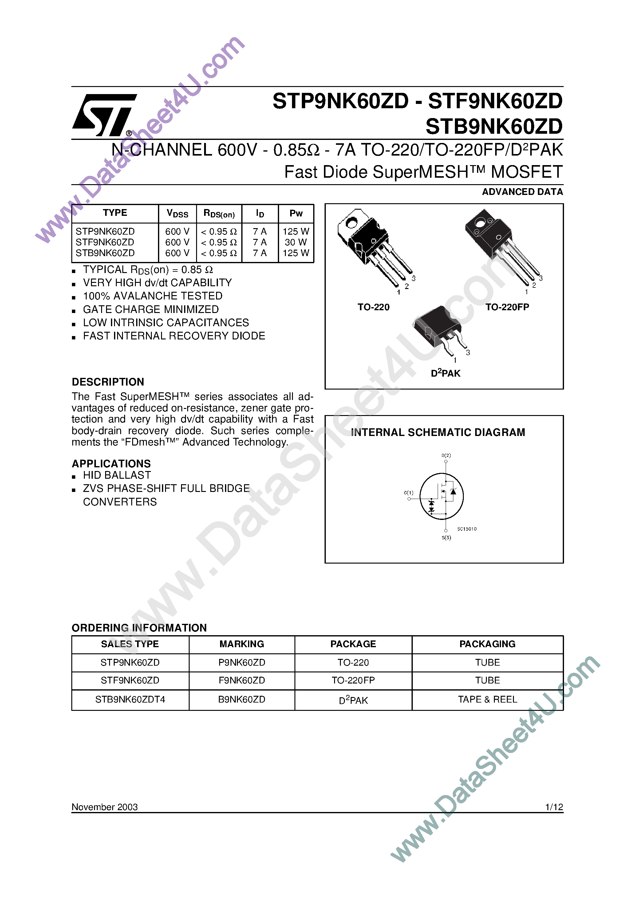 Datasheet STB9NK60ZD - N-Channel Enhancement Mode MOSFET page 1
