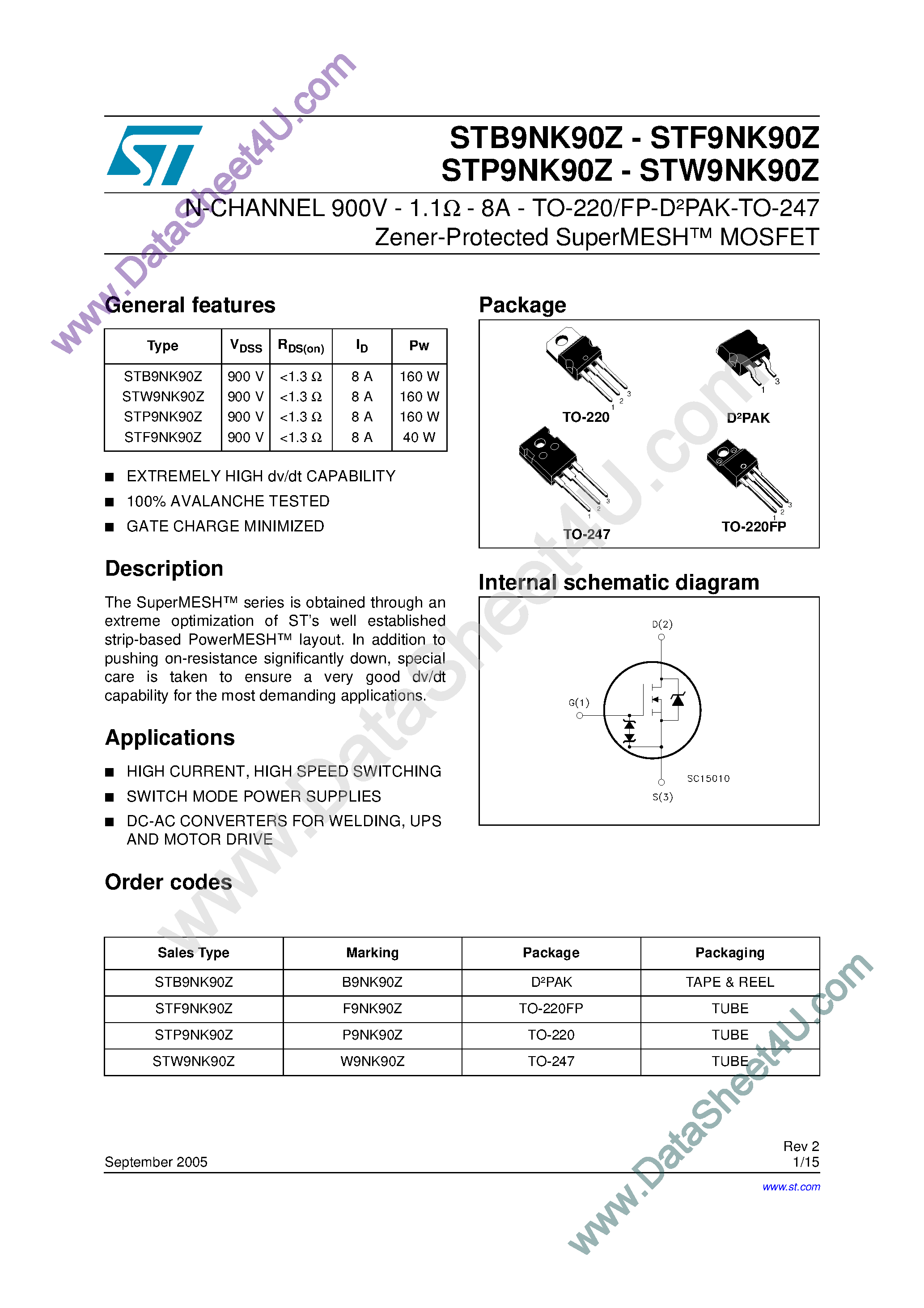 Datasheet STB9NK90Z - N-Channel Enhancement Mode MOSFET page 1