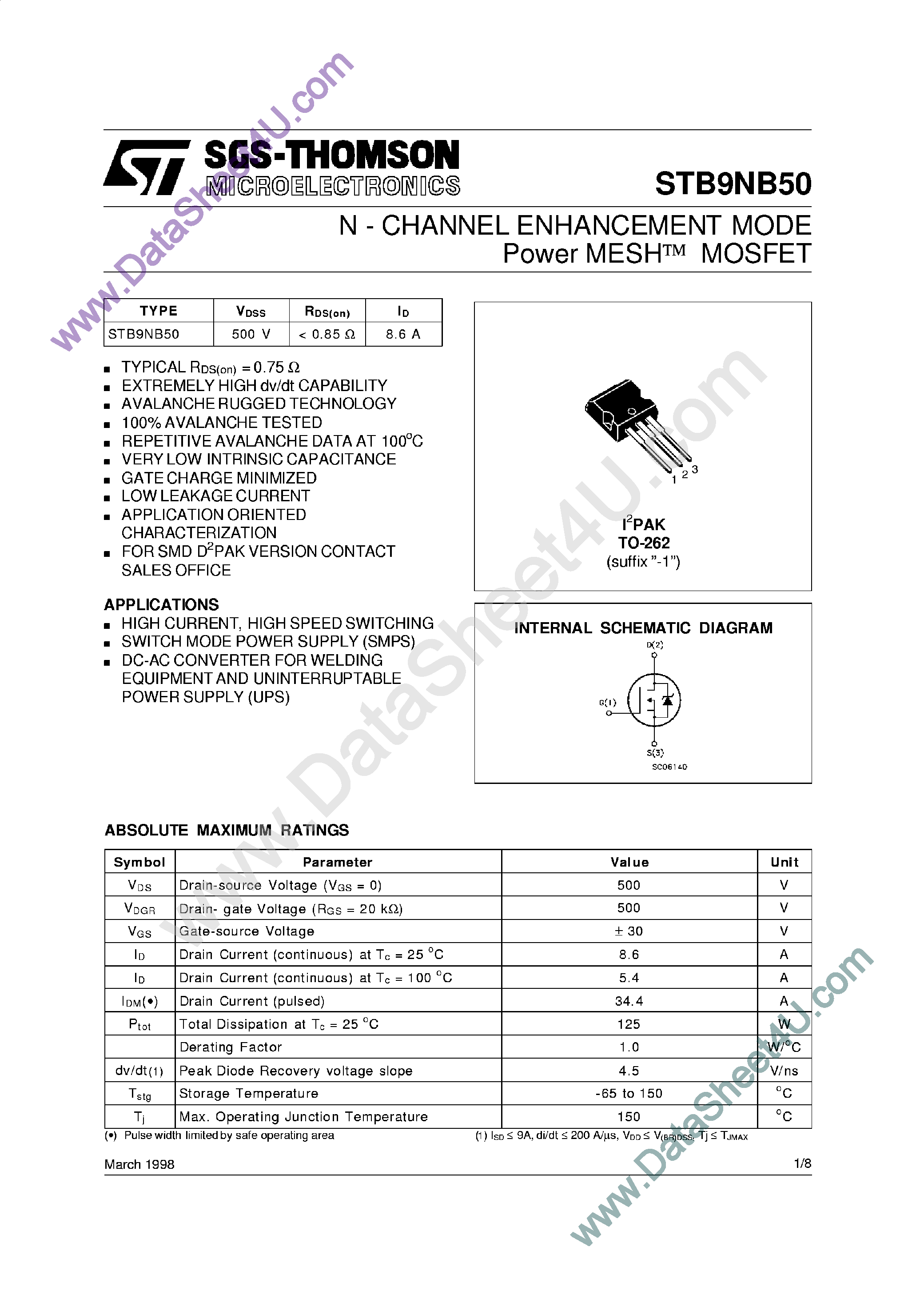 Datasheet STB9NB50 - N-Channel Enhancement Mode MOSFET page 1