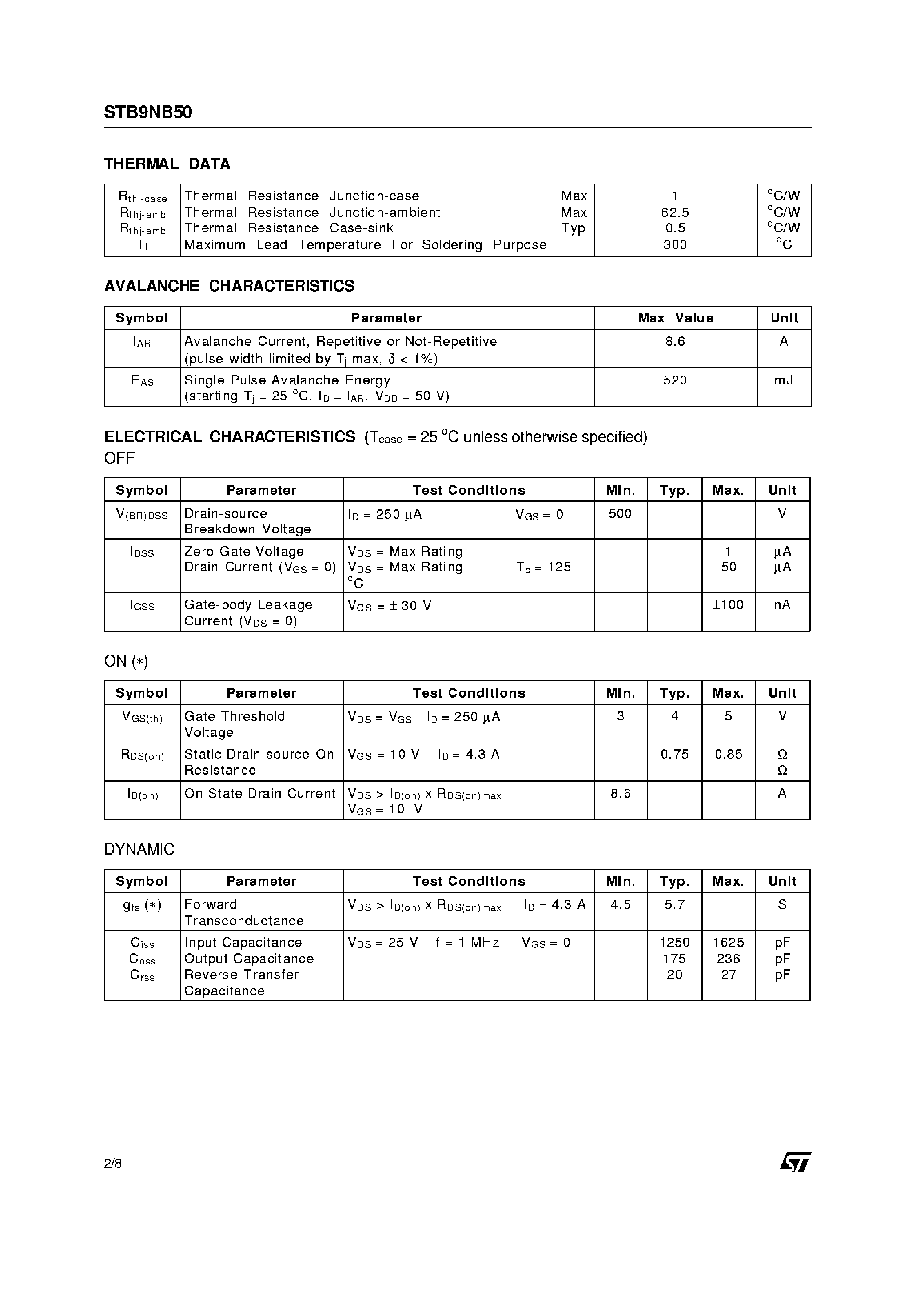Datasheet STB9NB50 - N-Channel Enhancement Mode MOSFET page 2