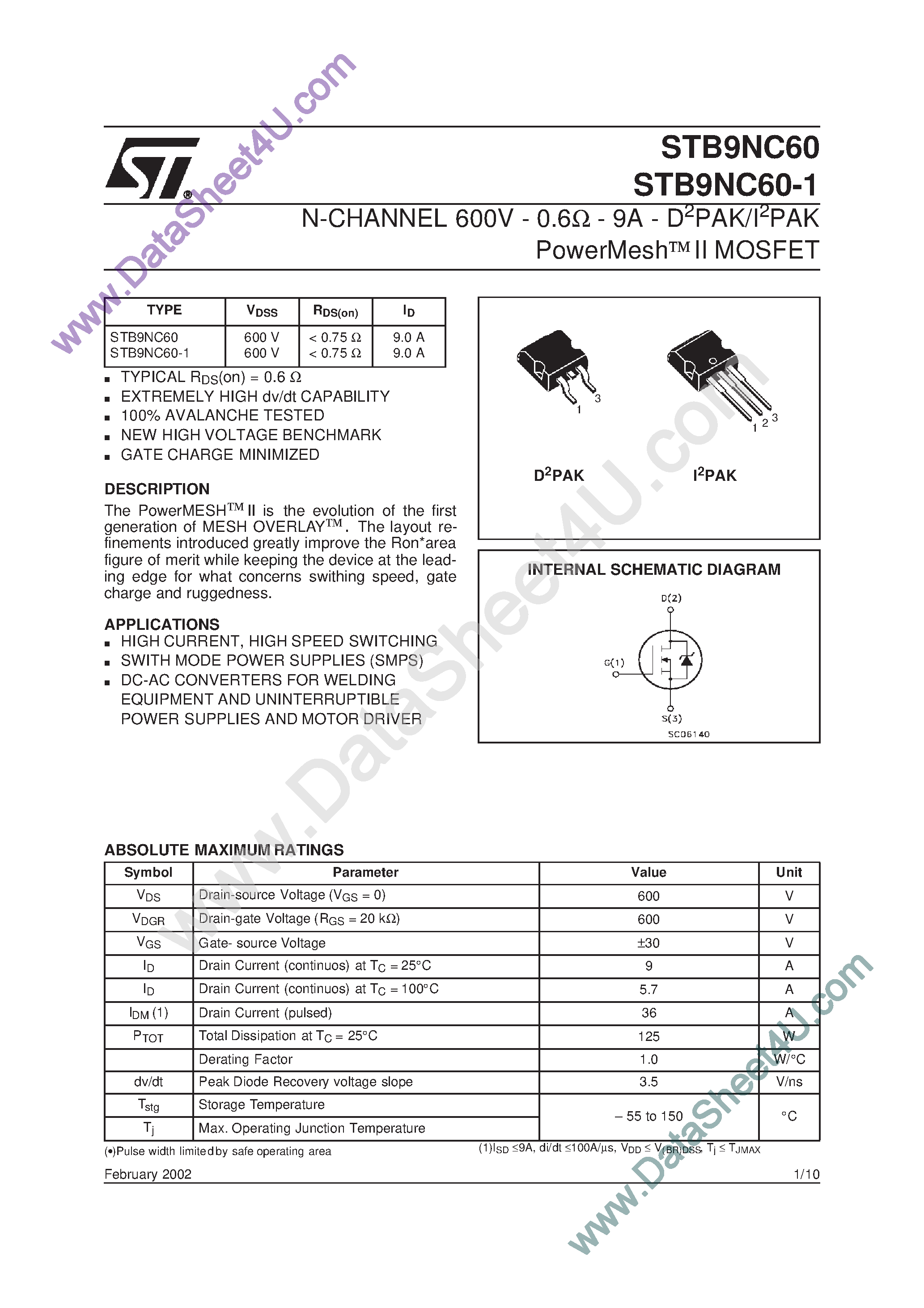 Datasheet STB9NC60 - N-Channel Enhancement Mode MOSFET page 1