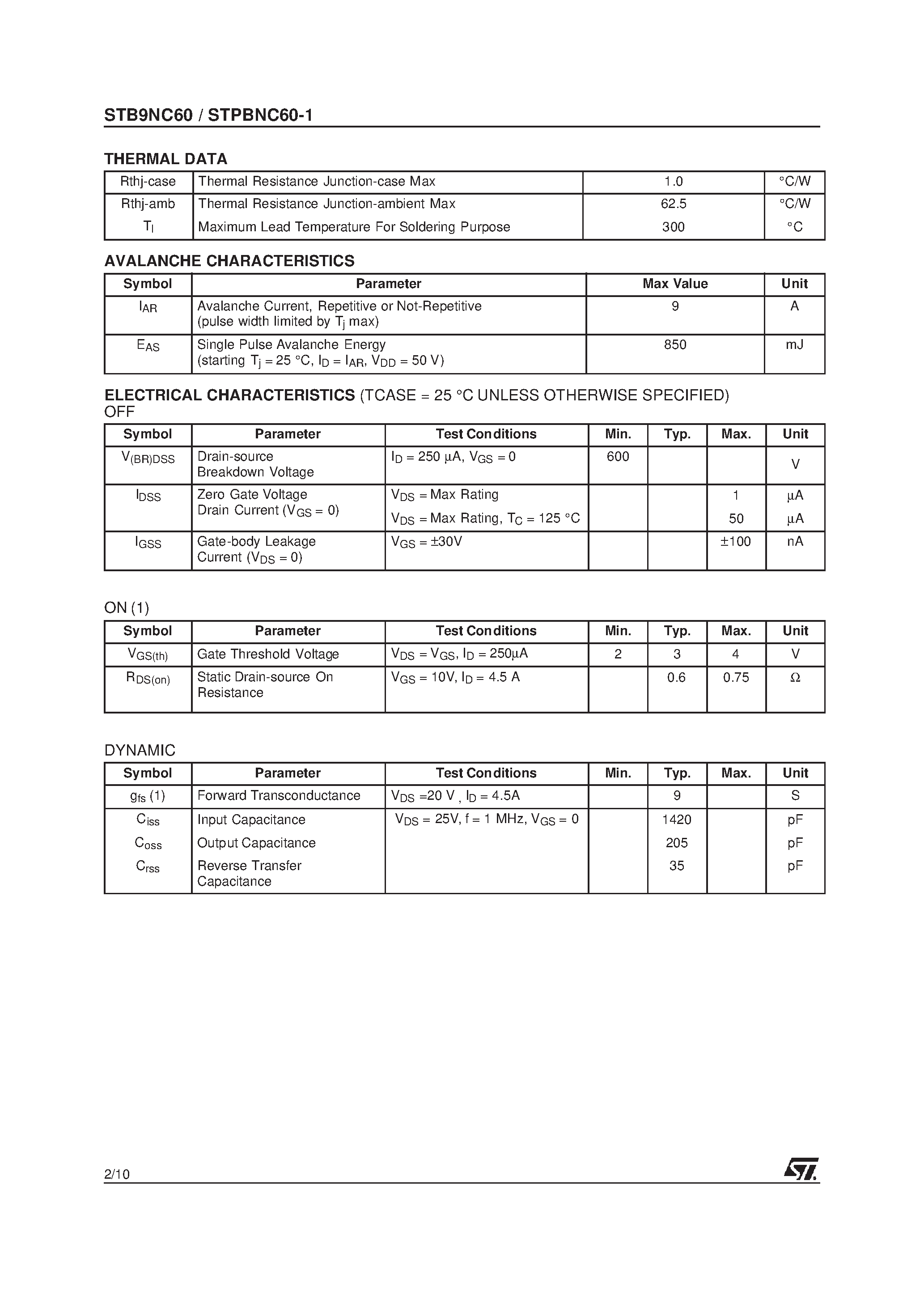 Datasheet STB9NC60 - N-Channel Enhancement Mode MOSFET page 2