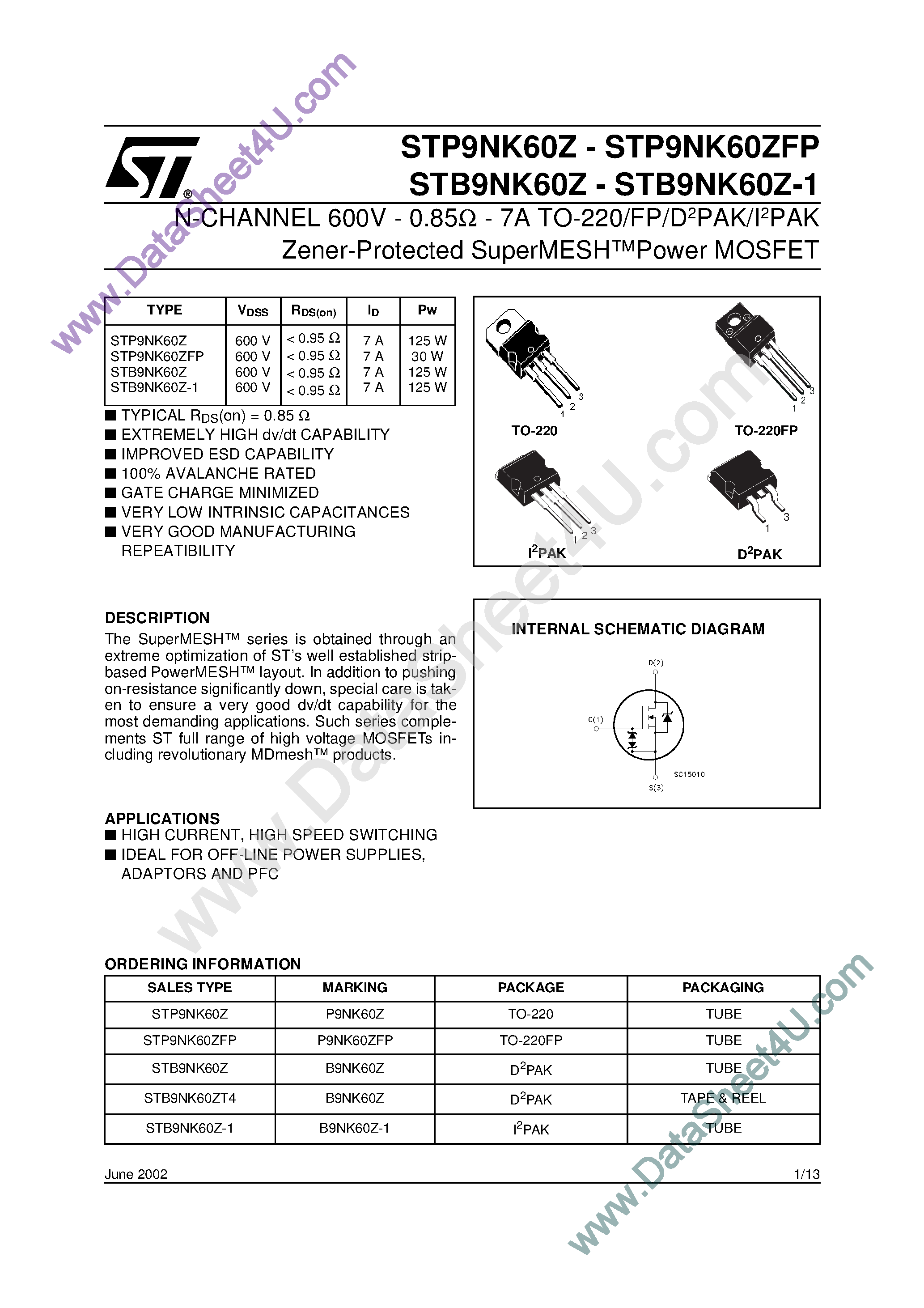 Datasheet STB9NK60Z - N-Channel Enhancement Mode MOSFET page 1