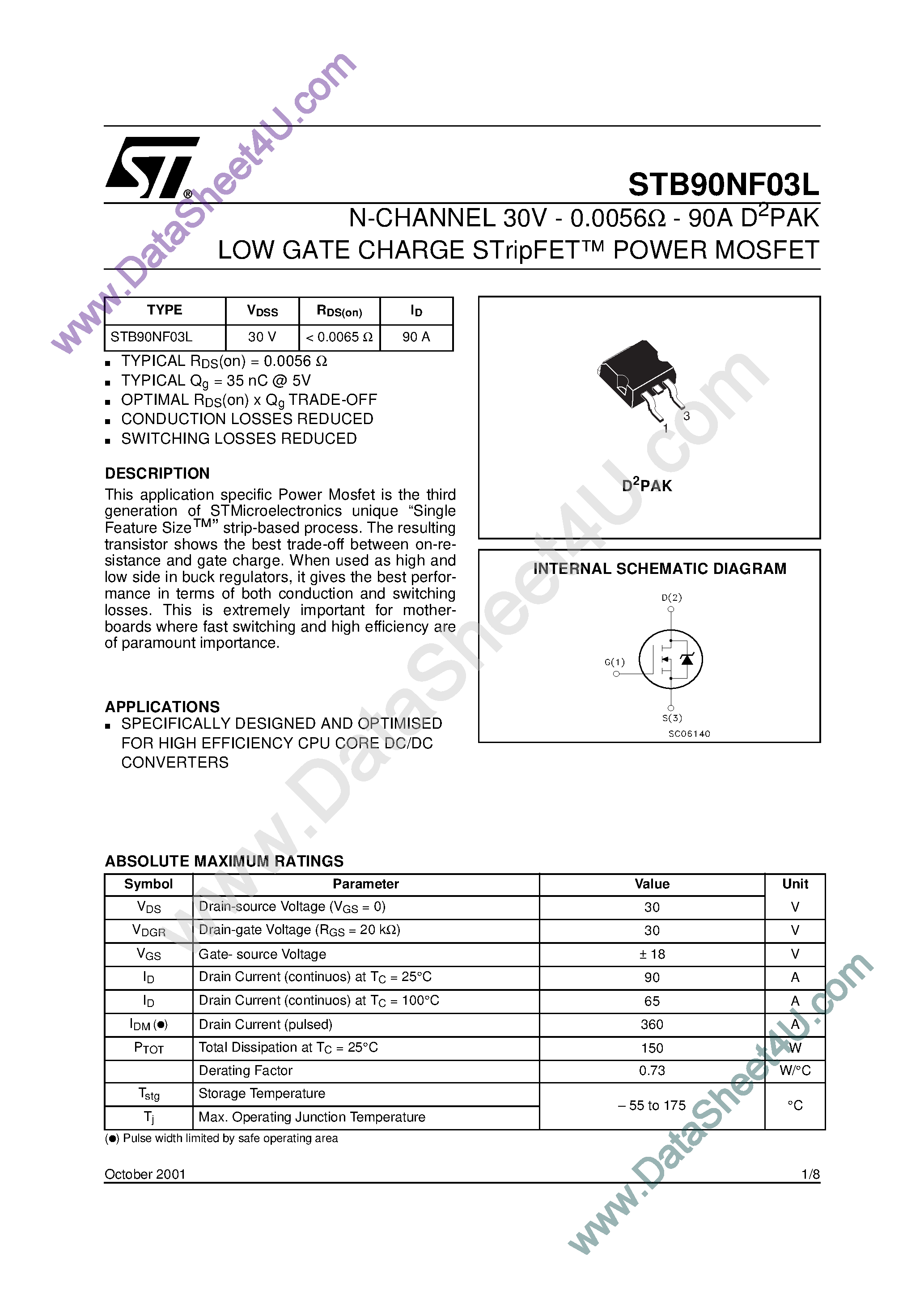 Datasheet STB90NF03L - N-Channel Enhancement Mode MOSFET page 1