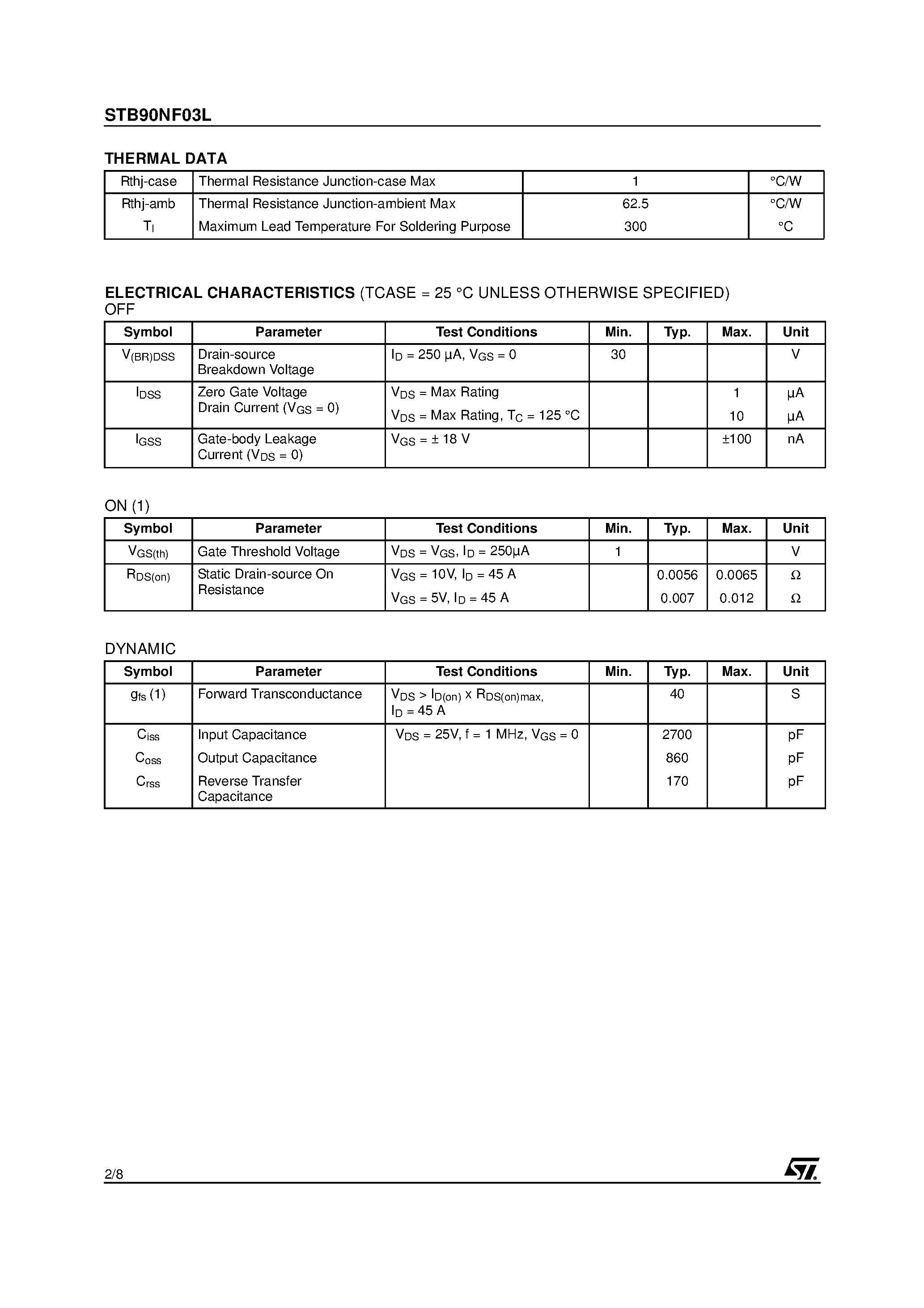 Datasheet STB90NF03L - N-Channel Enhancement Mode MOSFET page 2