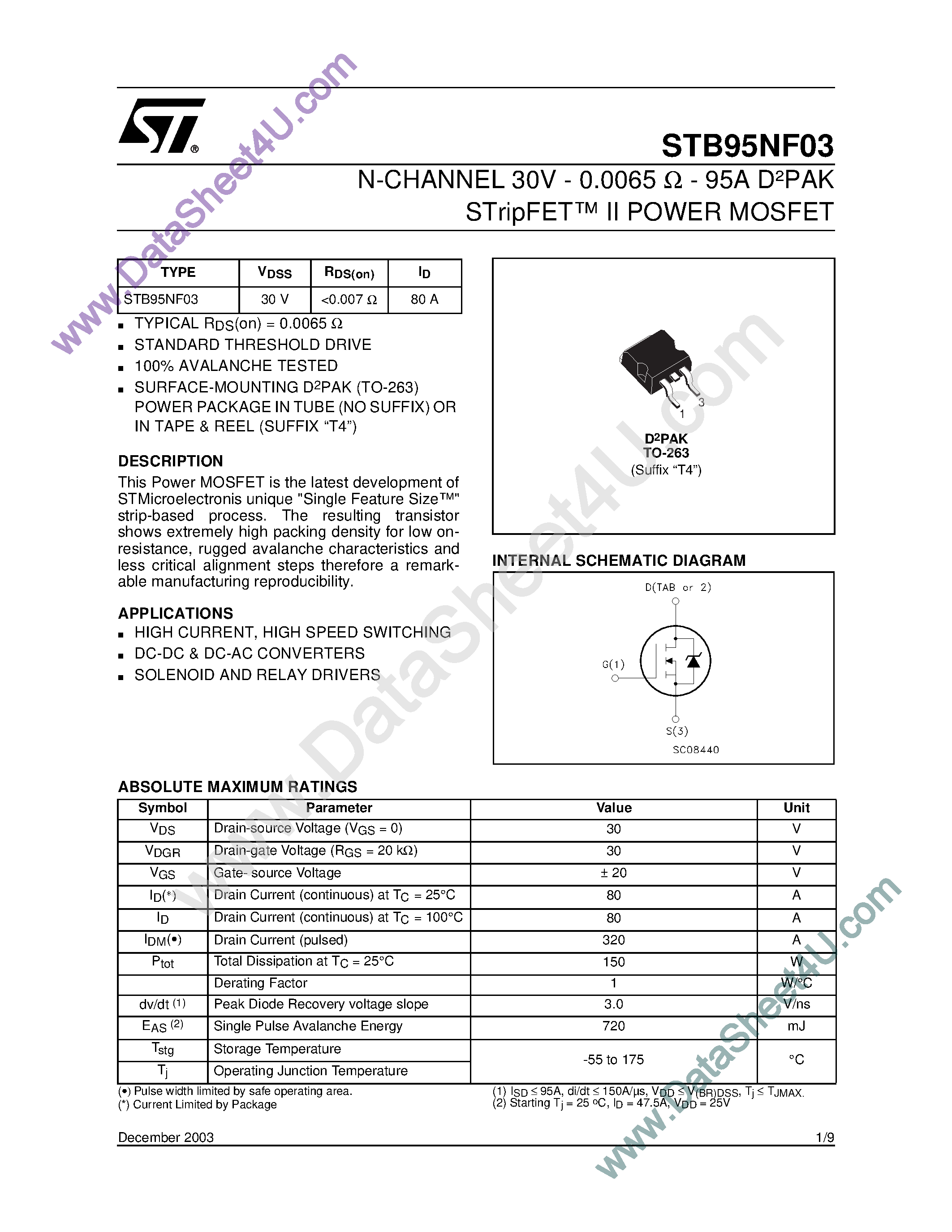 Datasheet STB90NF03 - N-Channel Enhancement Mode MOSFET page 1