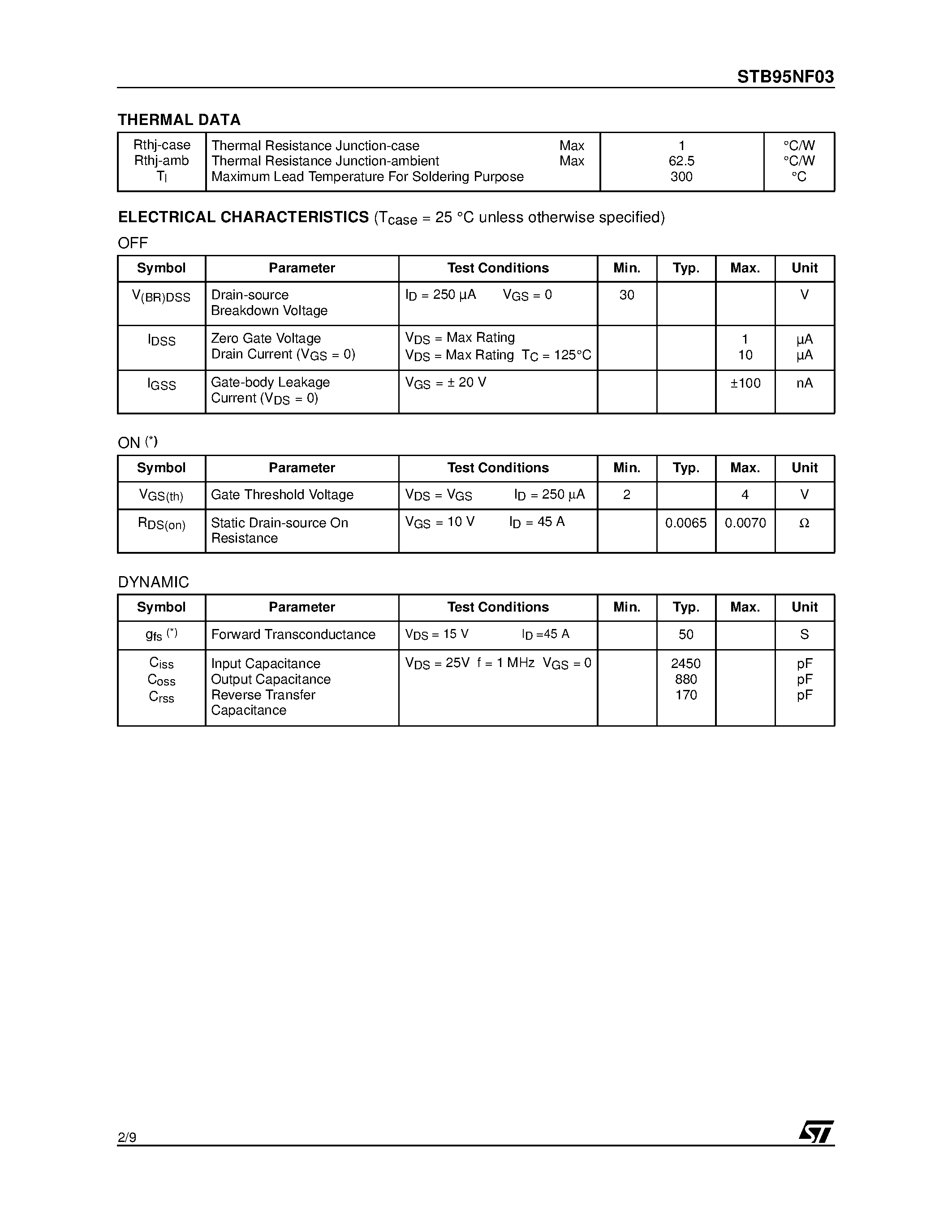 Datasheet STB90NF03 - N-Channel Enhancement Mode MOSFET page 2