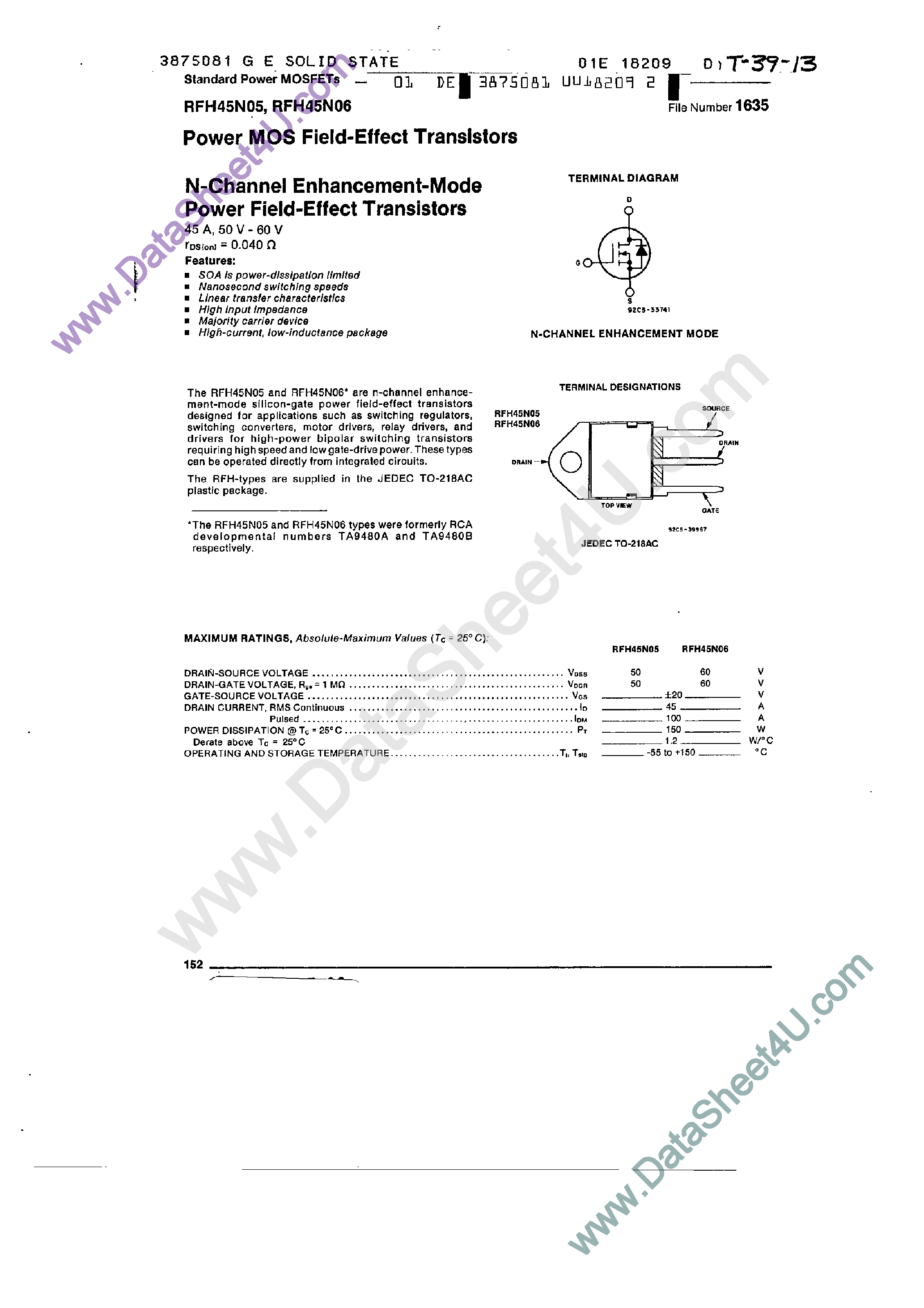 Datasheet RFH45N05 - (RFH45N05 / RFH45N06) POWER MOS FIELD EFFECT TRANSISTORS page 1