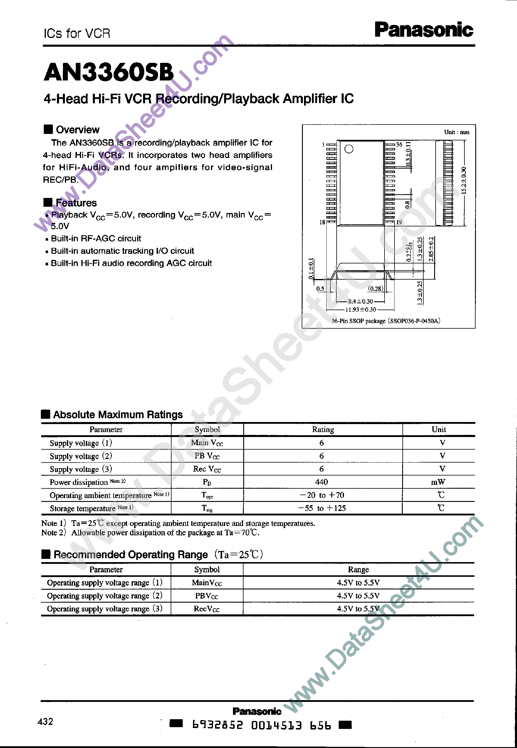 Datasheet AN3360SB - 4-Head Hi-Fi VCR Recording / Playback Amplifier IC page 1