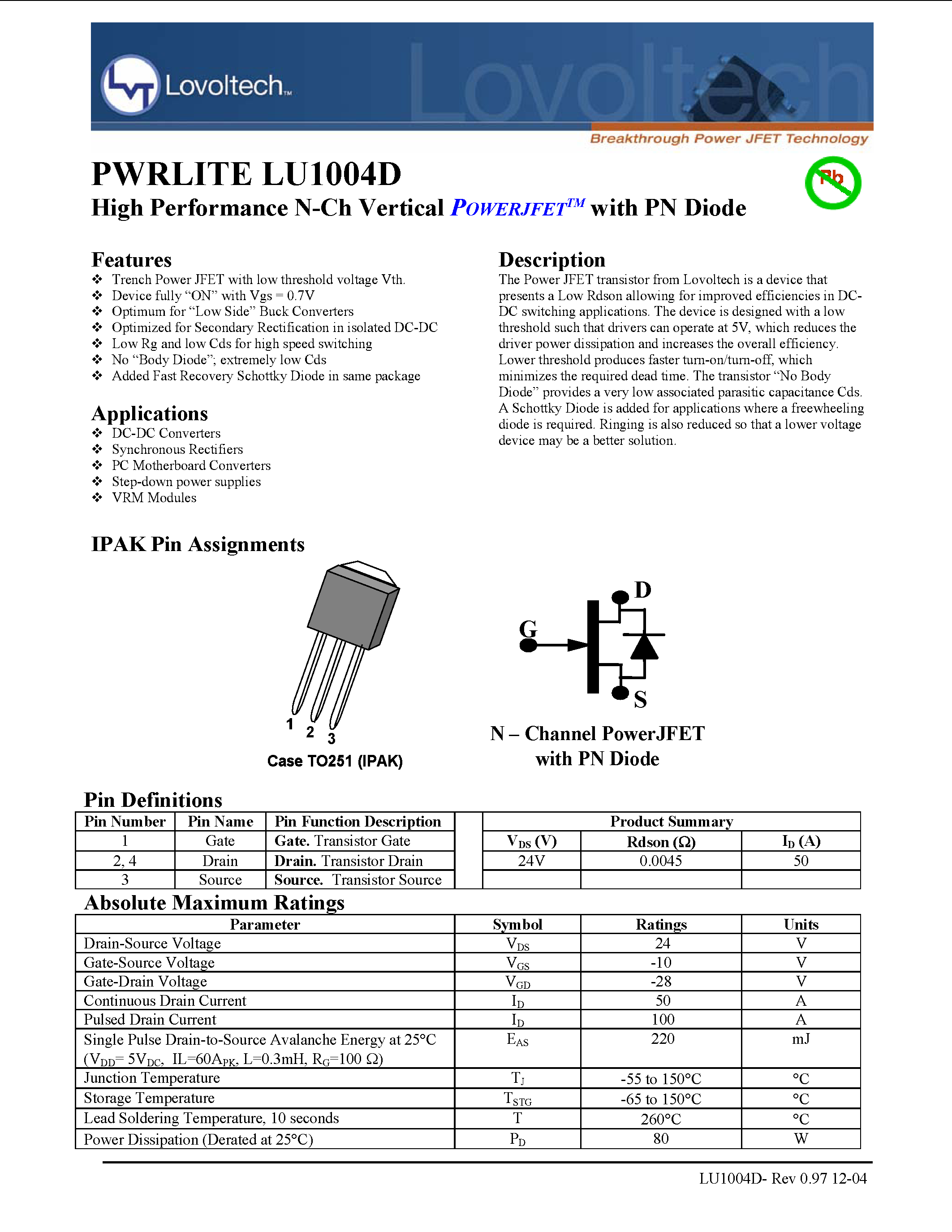 Datasheet LU1004D - High Performance N-Ch Vertical POWERJET with PN Diode page 1