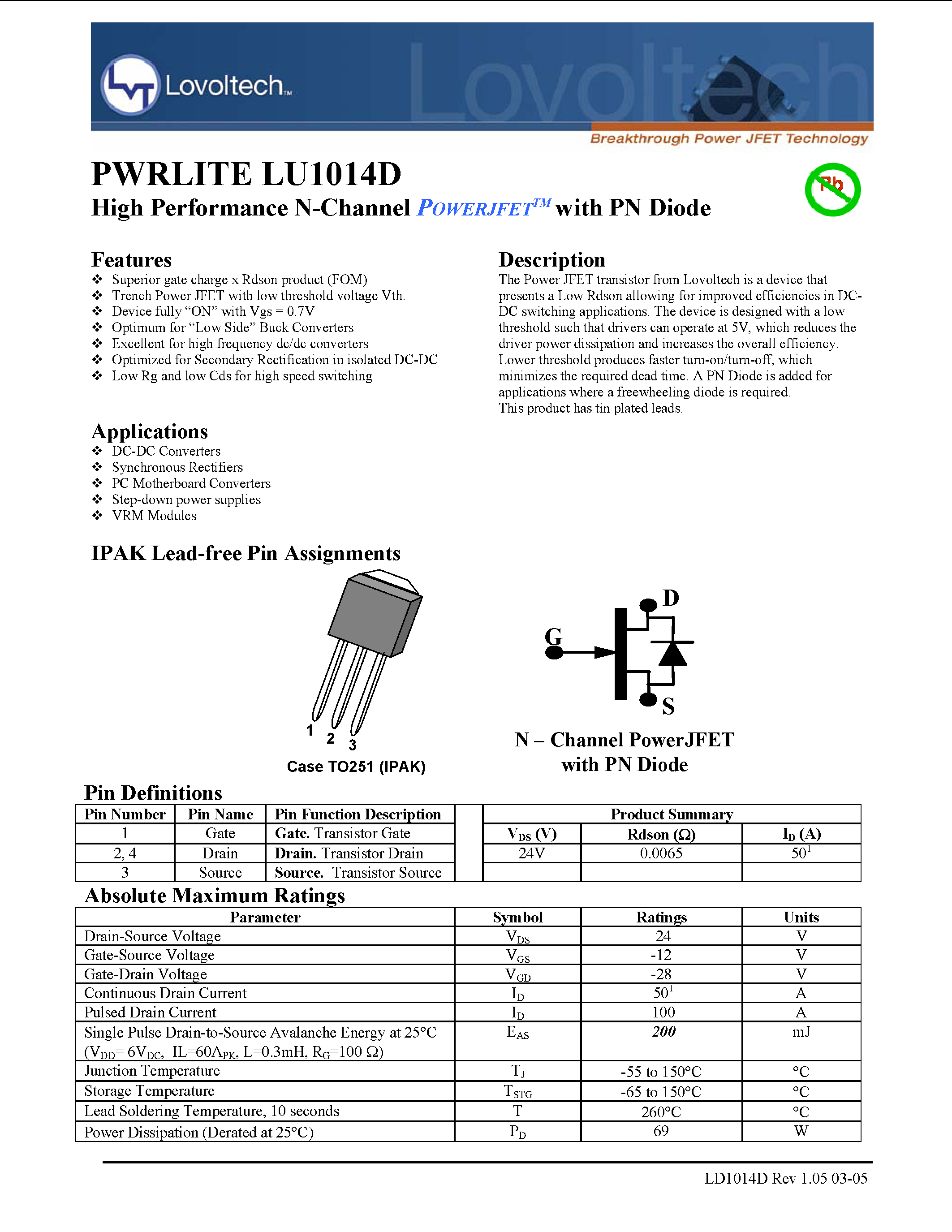 Datasheet LU1014D - High Performance N-Channel POWERJFET with PN Diode page 1