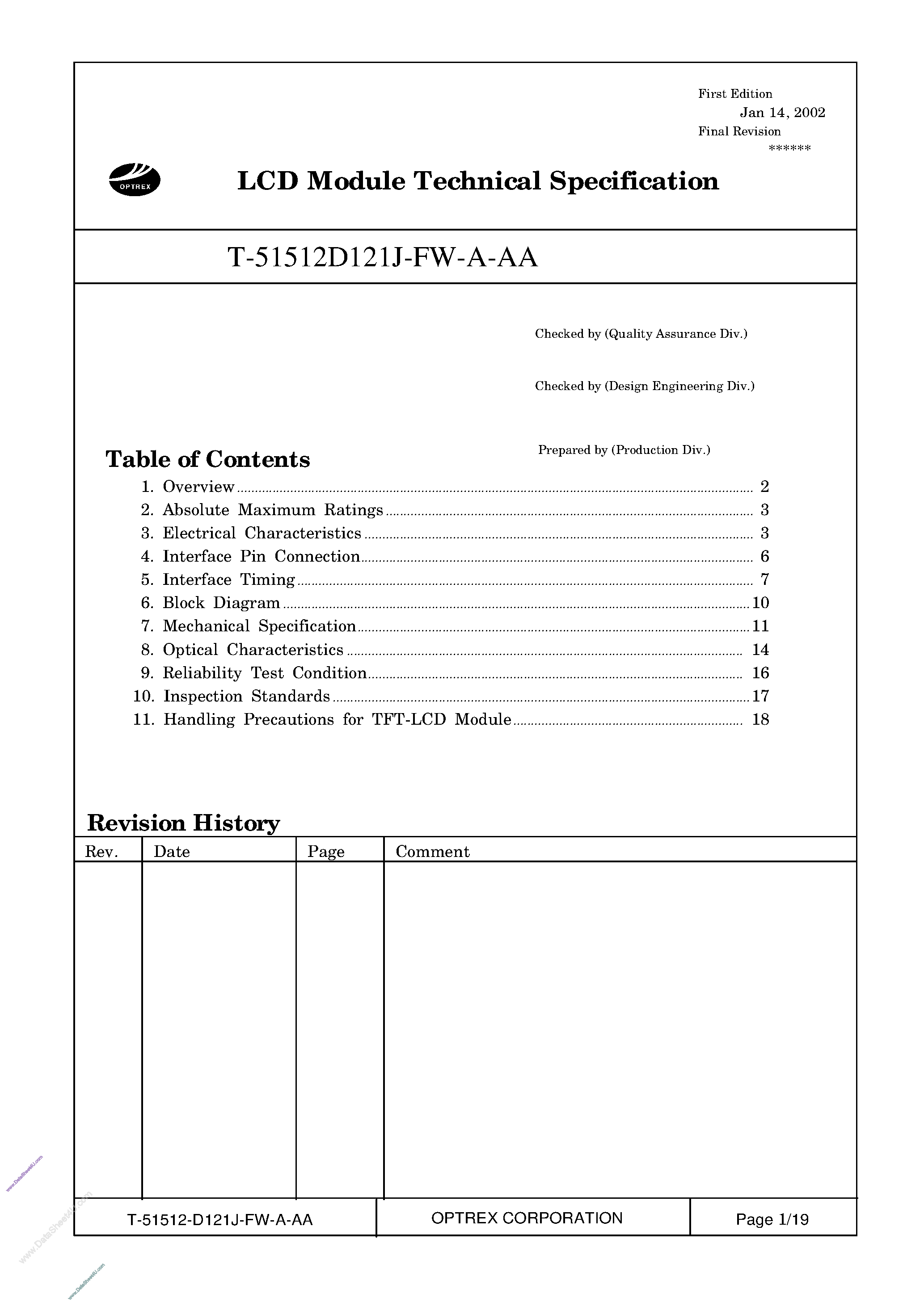 Datasheet T-51512D121F-FW_A_AA page 1 Datasheet T-51512D121F-FW_A_AA - LCD_Module page 1