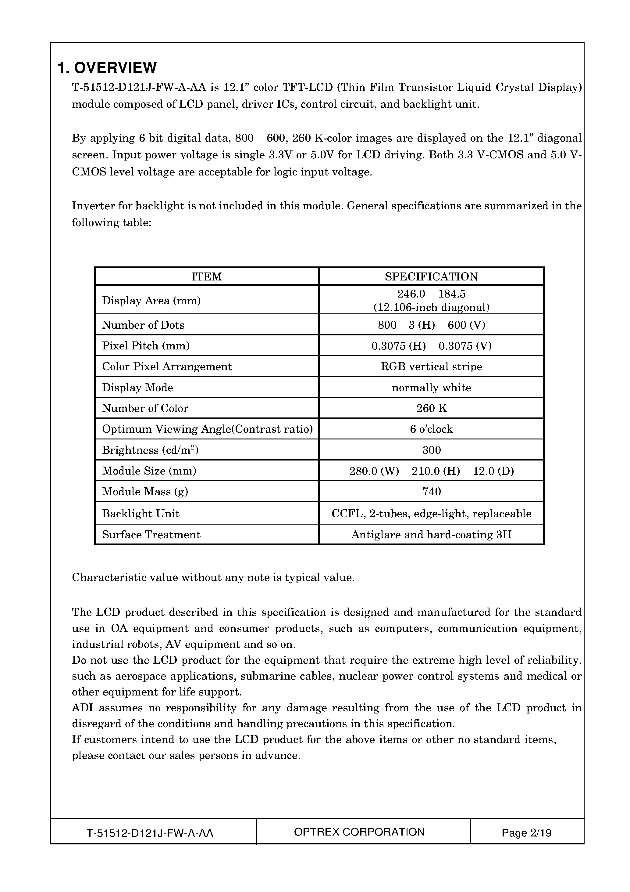 Datasheet T-51512D121F-FW_A_AA page 2 Datasheet T-51512D121F-FW_A_AA - LCD_Module page 2