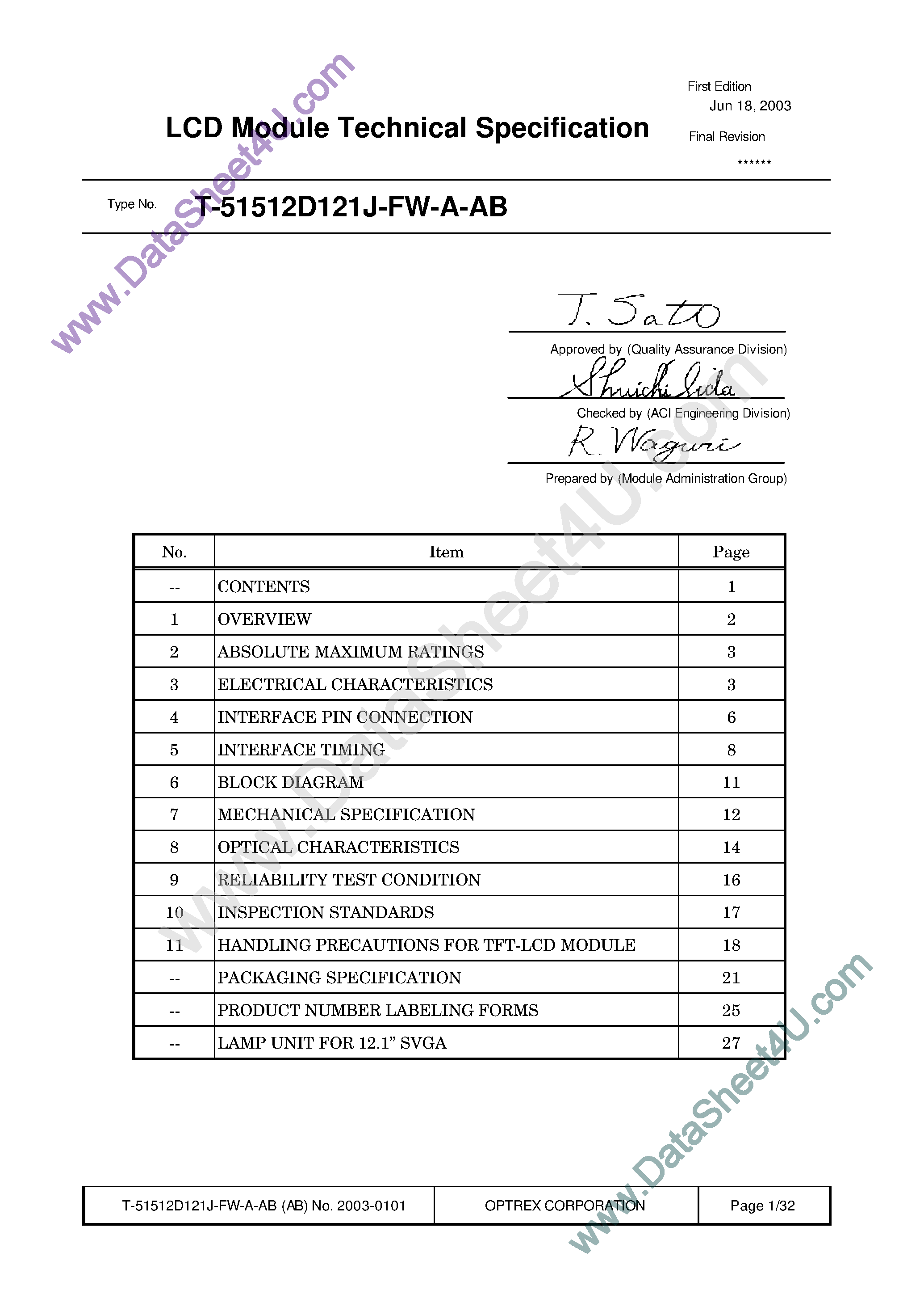 Datasheet T-51512D121J-FW_A_AB - LCD_Module page 1