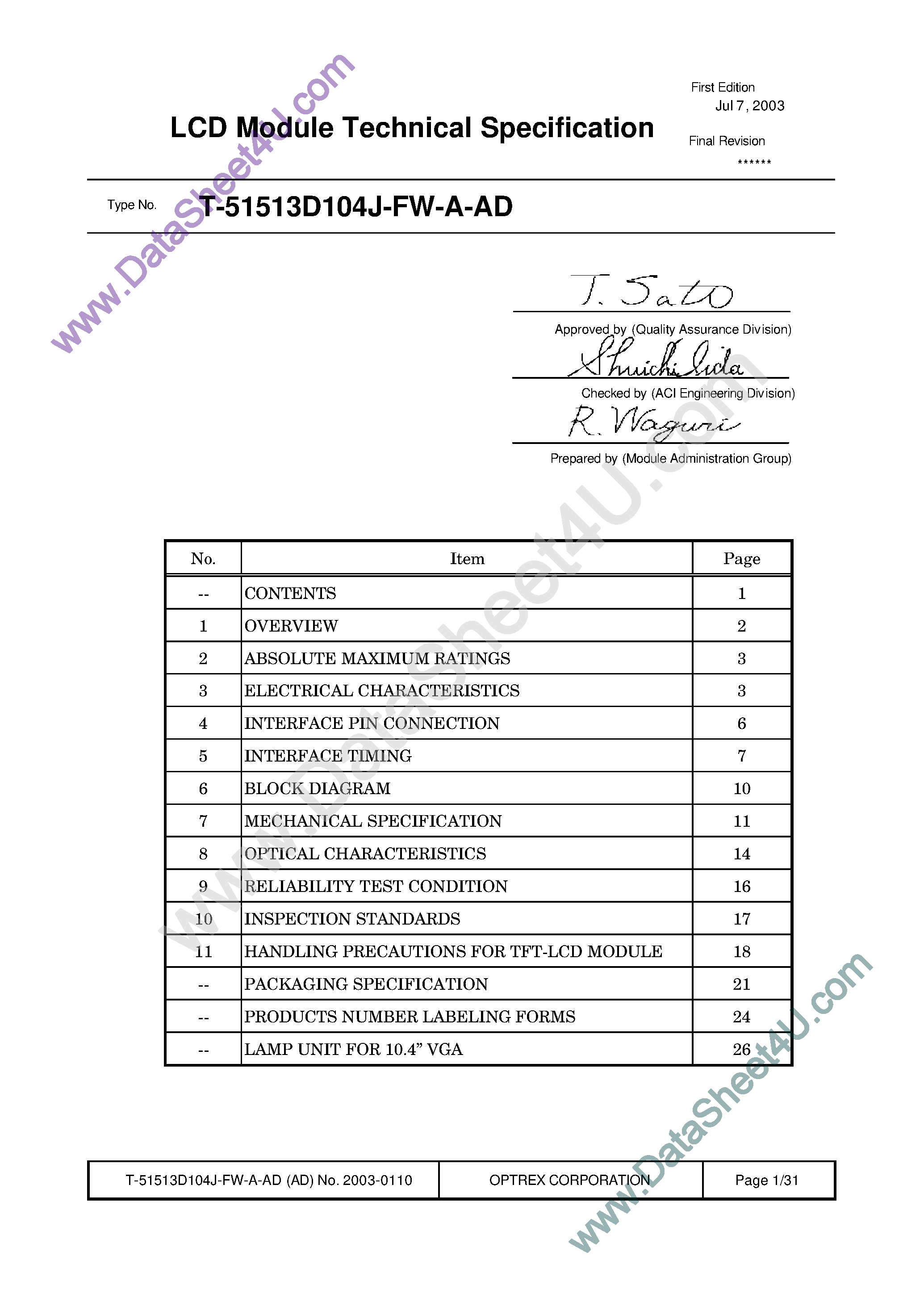 Datasheet T-51513D104J-FW_A_AD page 1 Datasheet T-51513D104J-FW_A_AD - LCD_Module page 1