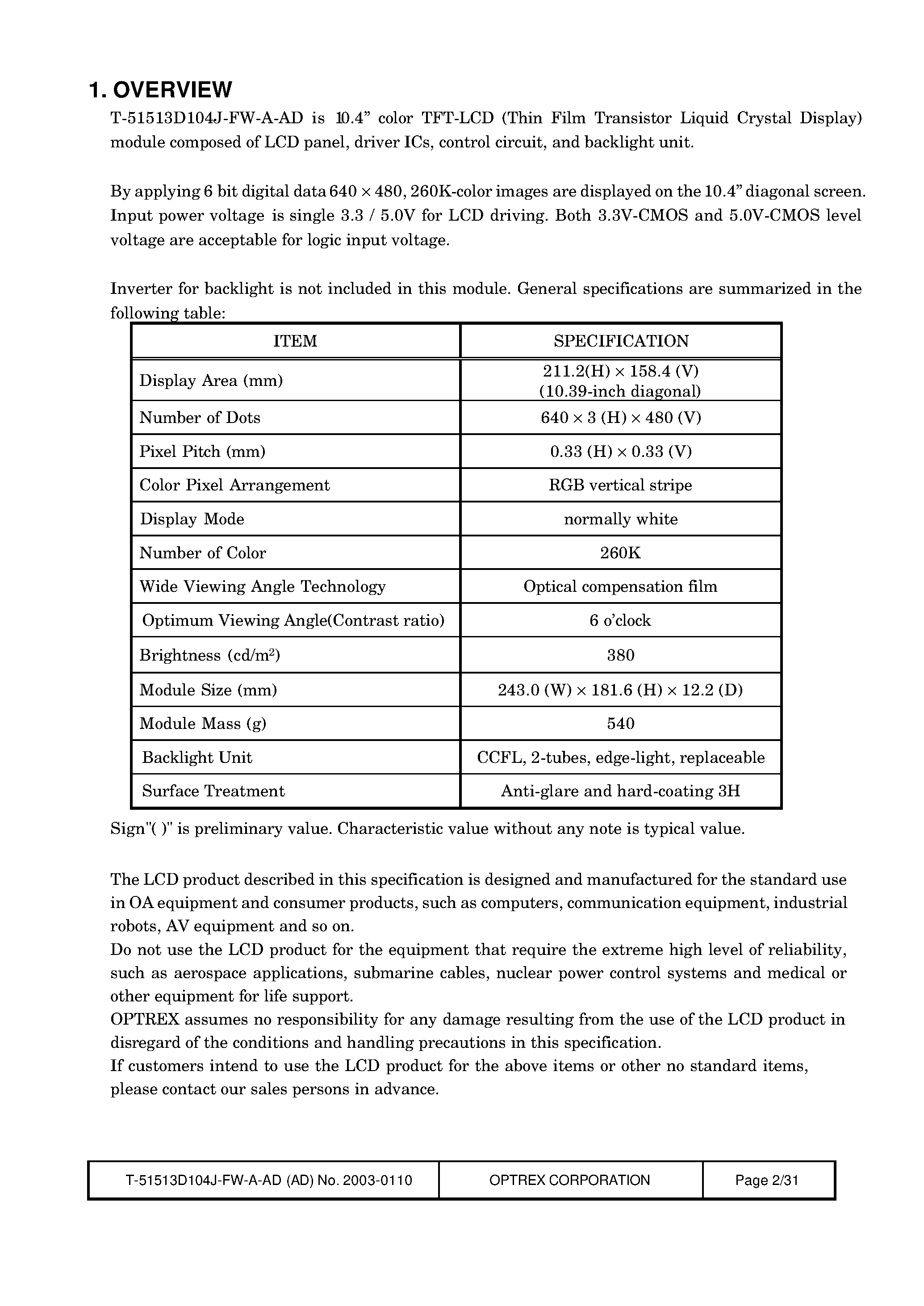 Datasheet T-51513D104J-FW_A_AD page 2 Datasheet T-51513D104J-FW_A_AD - LCD_Module page 2
