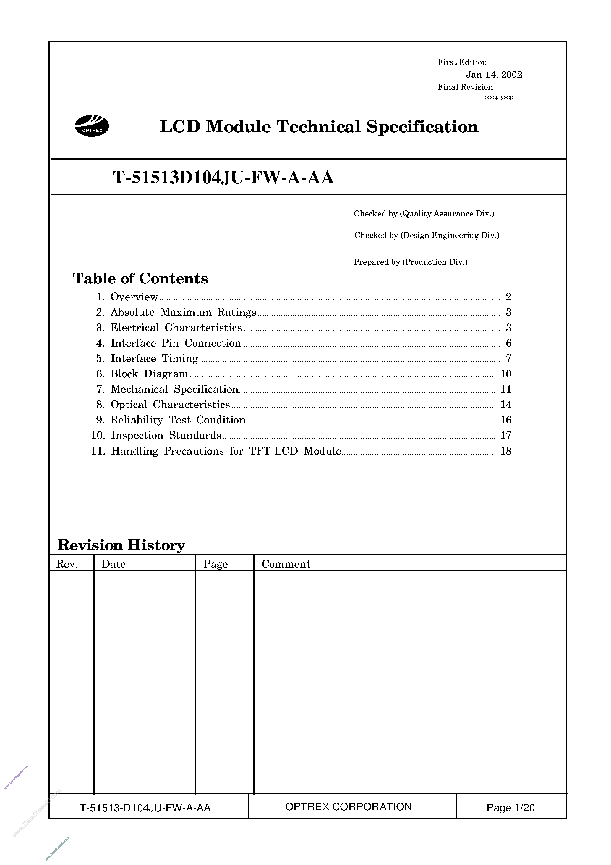 Datasheet T-51513D104JU-FW_A_AA page 1 Datasheet T-51513D104JU-FW_A_AA - LCD_Module page 1